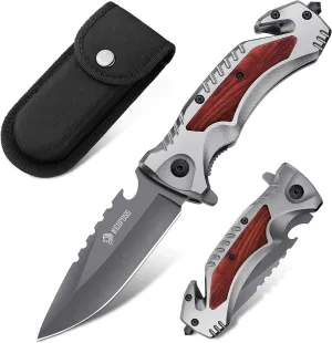 NedFoss Pocket Folding Knife DA169, 4 in 1 Pocket Knife for Men, Survival Knife with Liner-Lock Belt Clip, Seat Belt Cutter, Glass Breaker,Bottle Opener, Hunting knife for Camping Hiking (Grey)