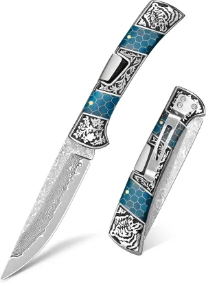 NedFoss SMILODON Damascus Pocket Knife for Men, 4" Back Lock Folding Knife, Luminous Resin and Engraved 3D Tiger Relief Handle, Pocket Clip, Cool Knives Personalized Gift for Collection