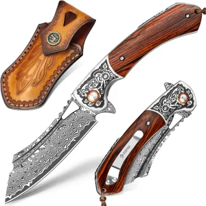 NedFoss UNICORN Damascus Pocket Knife, Damascus Folding Knife with Sandalwood Handle, 3.5 inch VG10 Damascus Pocket Knife for Men, Pocket Clip, Gift for Men Women