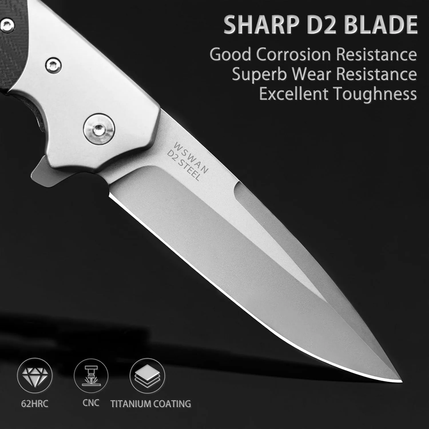 NedFoss W.SWAN Pocket Knife, Sharp D2 Steel Folding Knife with Clip, G10 Handle, Safety Liner Lock, Large Pocket Knives for Hiking, Outdoor, Mens Gift