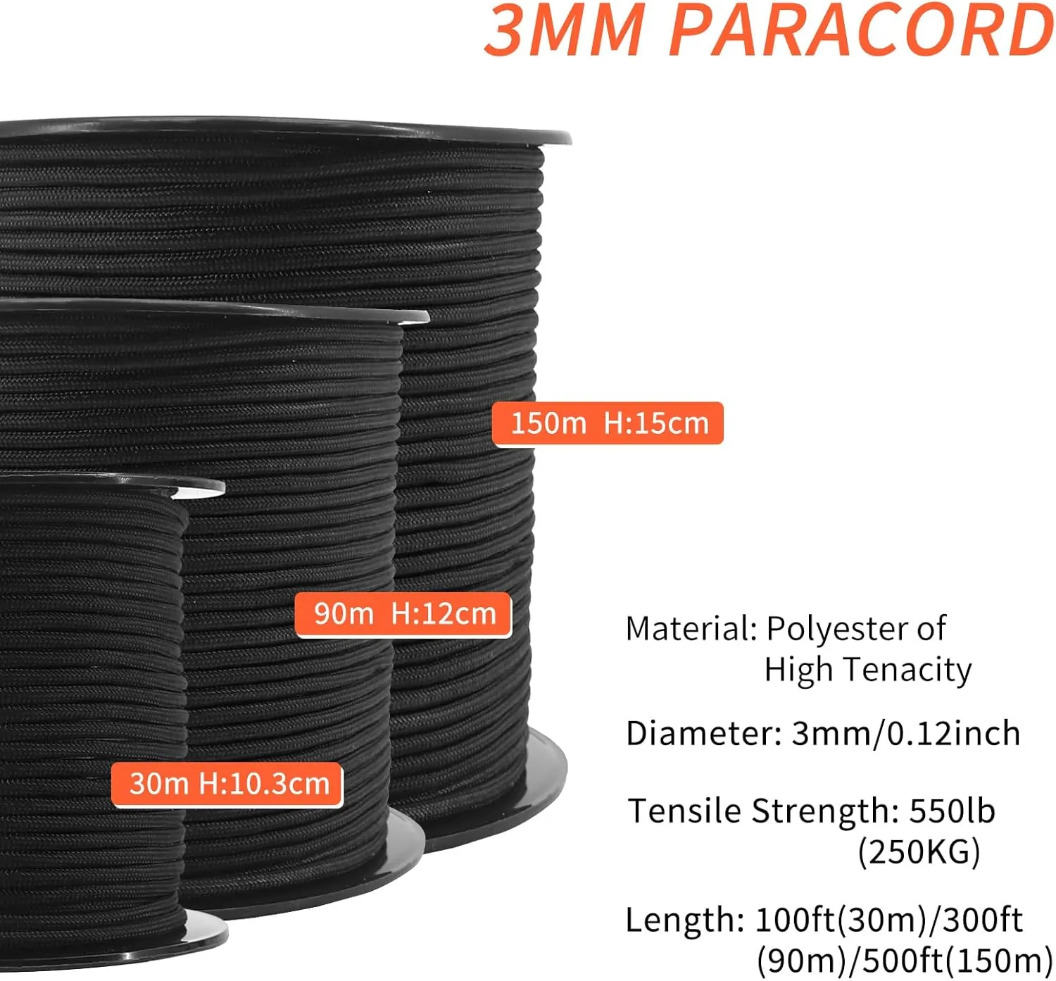 NewDoar Paracord 3mm Utility Cords 30M/90M/150M Reel Tactical Cord Rope Roll for Outdoor, DIY, Crafting, Gardening, Camping-150M（500FT