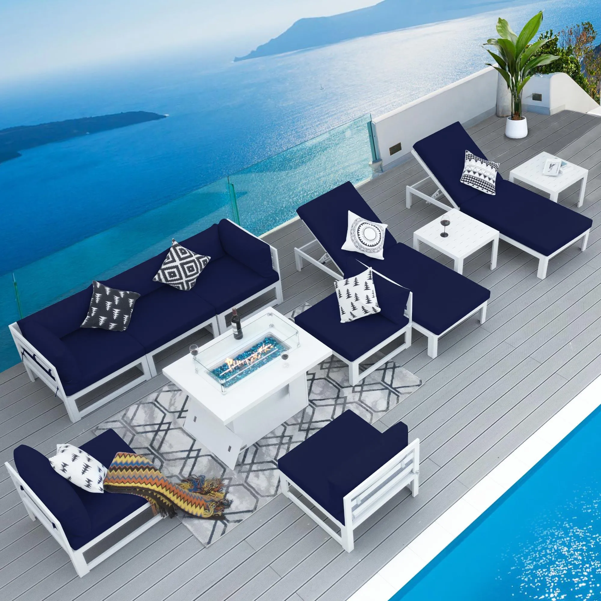NICESOUL Aluminum Patio Sofa with Fire Pit, Chaise Lounge, Table 8 Seater 11-Piece