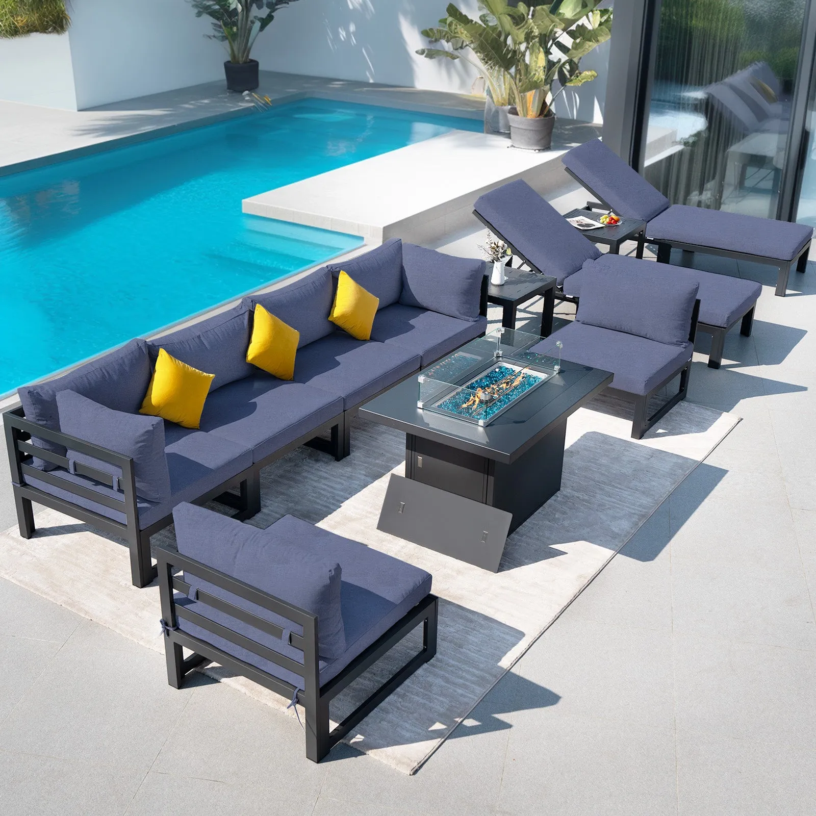 NICESOUL Aluminum Patio Sofa with Fire Pit, Chaise Lounge, Table 8 Seater 11-Piece