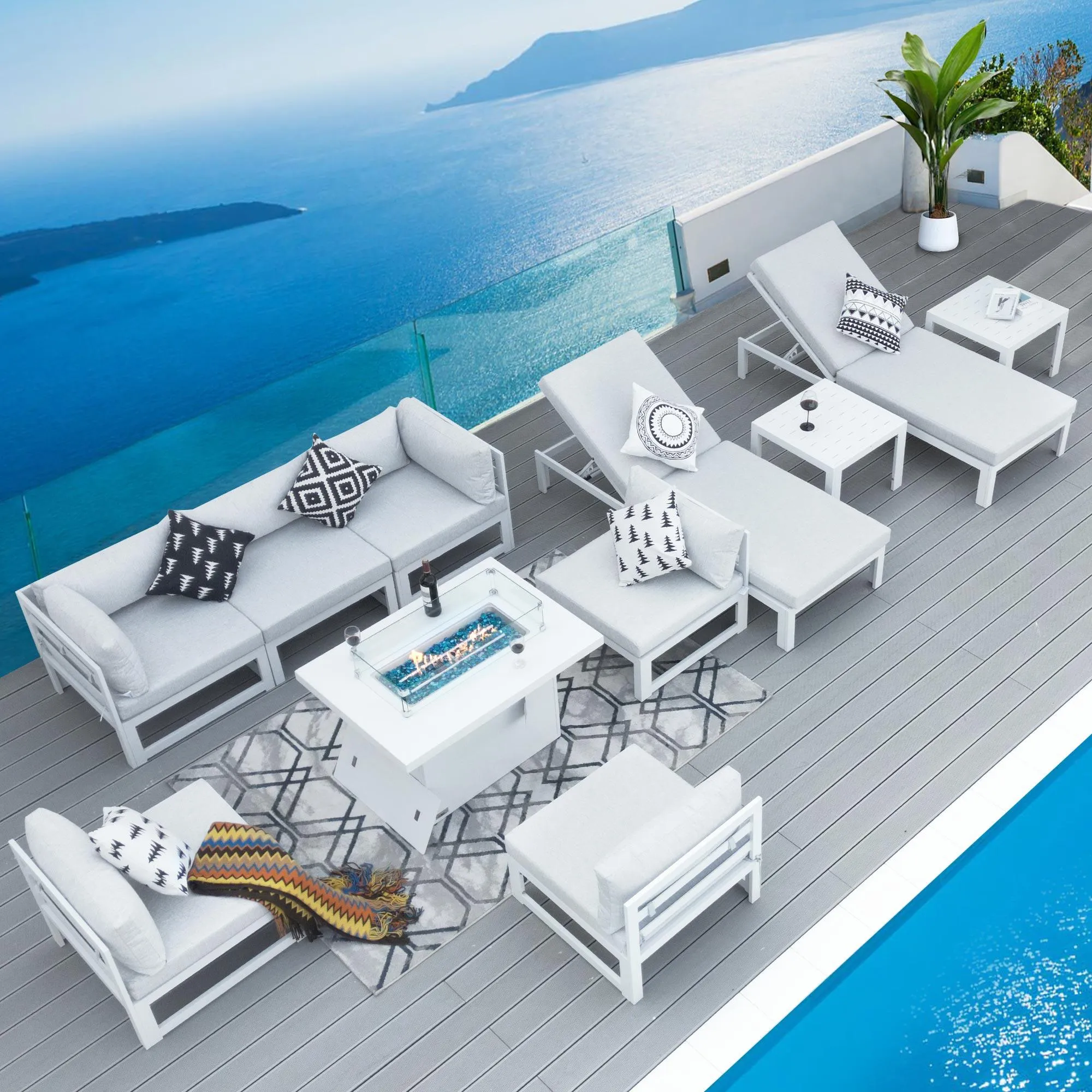 NICESOUL Aluminum Patio Sofa with Fire Pit, Chaise Lounge, Table 8 Seater 11-Piece