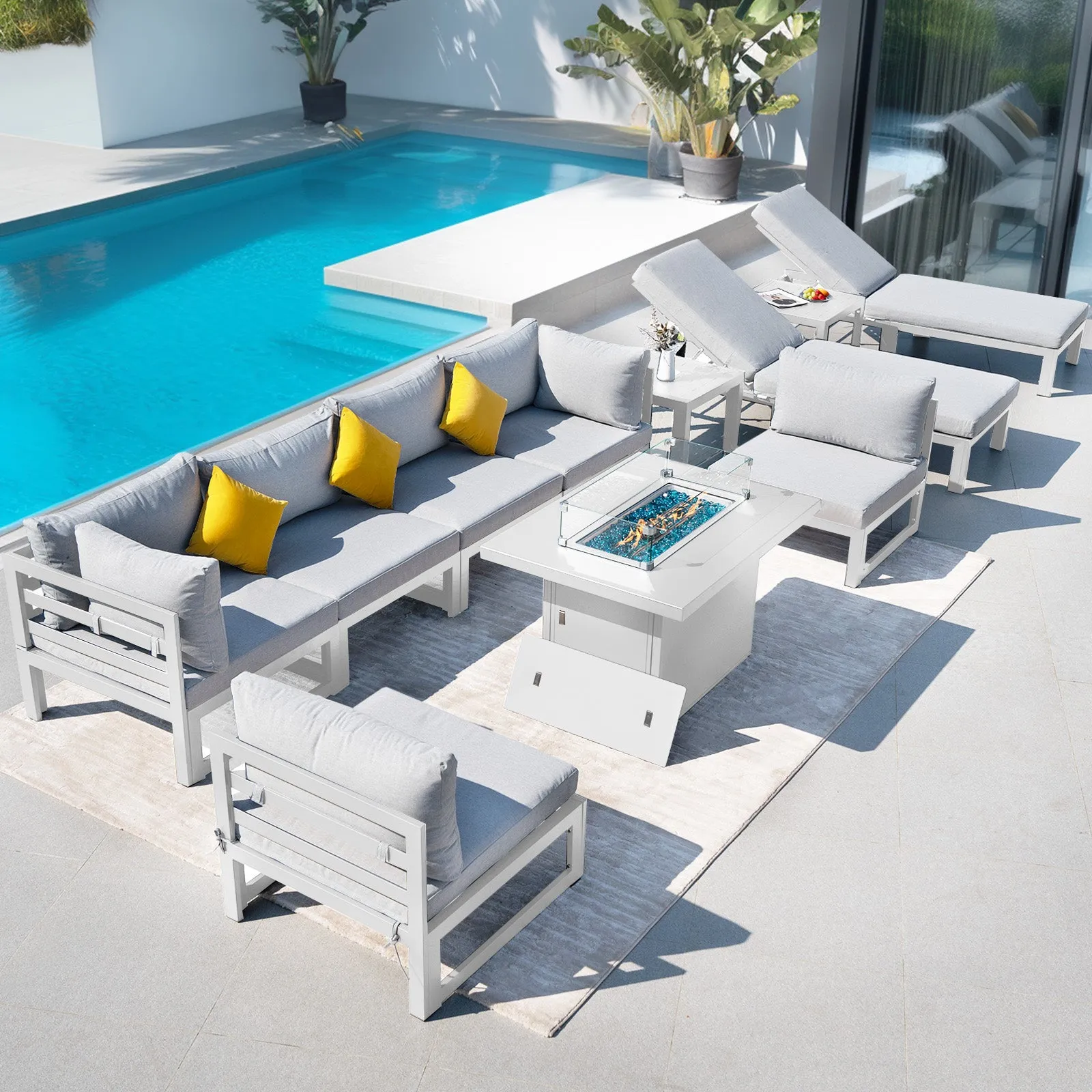 NICESOUL Aluminum Patio Sofa with Fire Pit, Chaise Lounge, Table 8 Seater 11-Piece