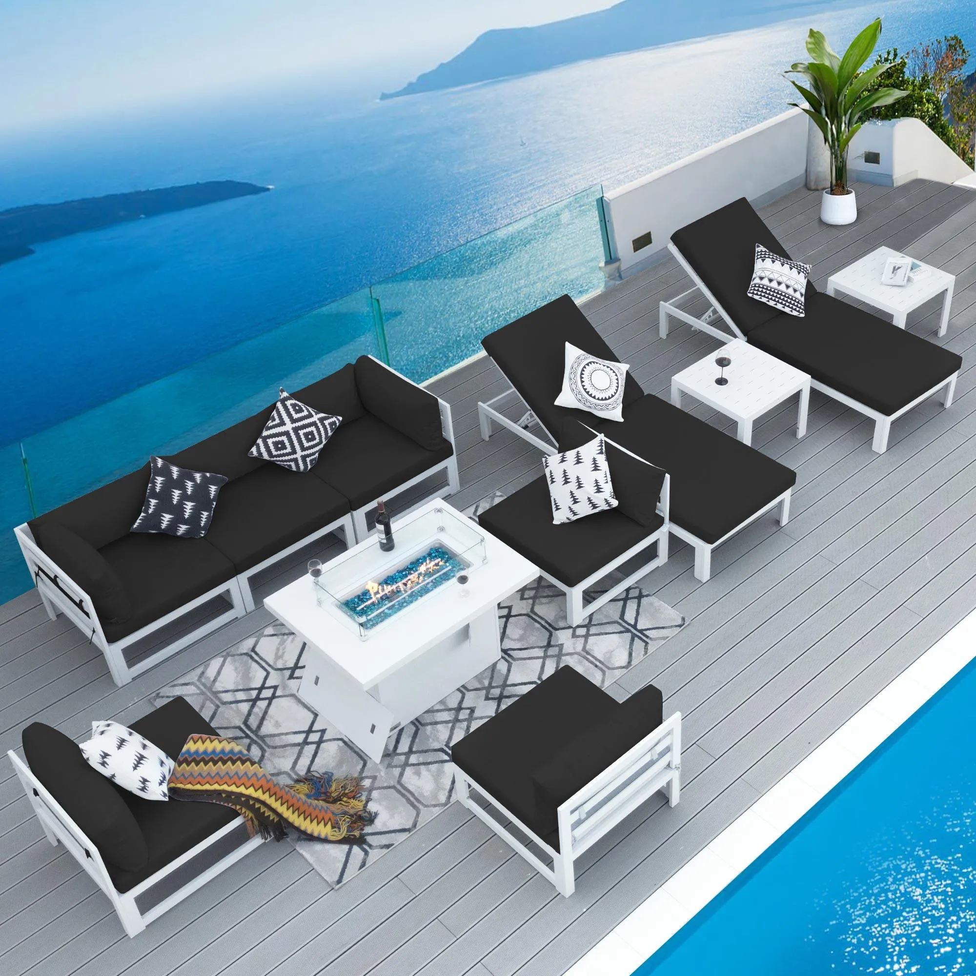 NICESOUL Aluminum Patio Sofa with Fire Pit, Chaise Lounge, Table 8 Seater 11-Piece