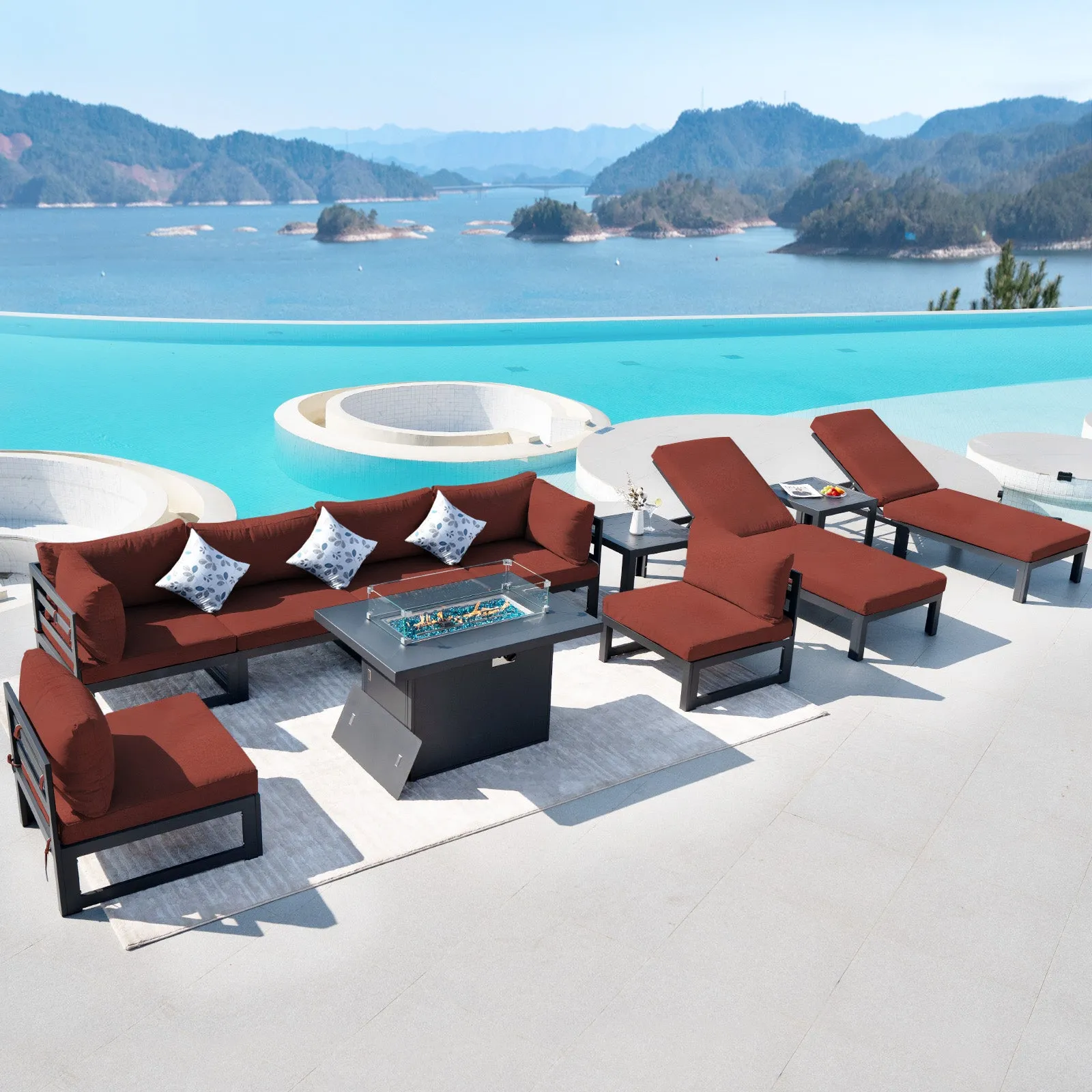 NICESOUL Aluminum Patio Sofa with Fire Pit, Chaise Lounge, Table 8 Seater 11-Piece