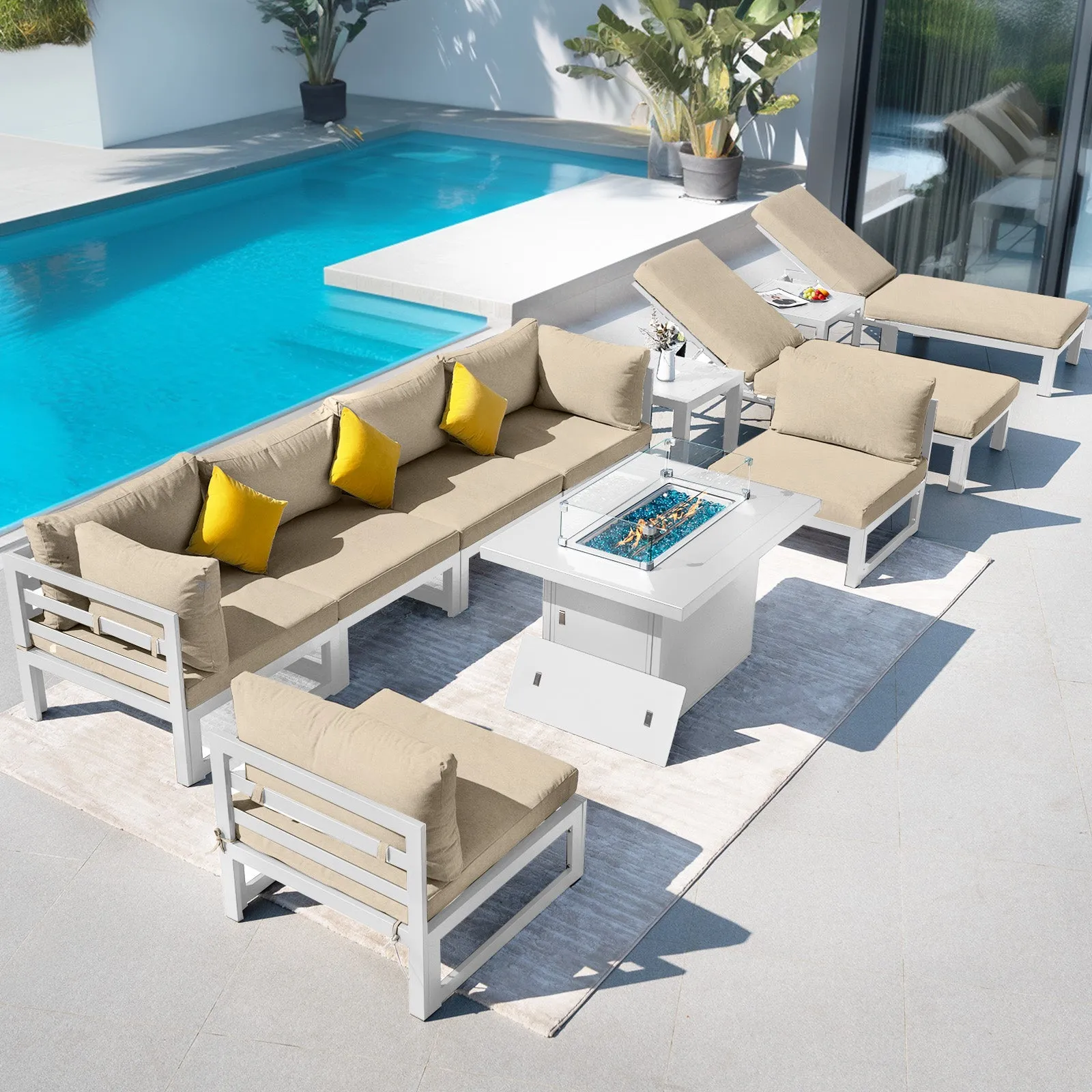 NICESOUL Aluminum Patio Sofa with Fire Pit, Chaise Lounge, Table 8 Seater 11-Piece