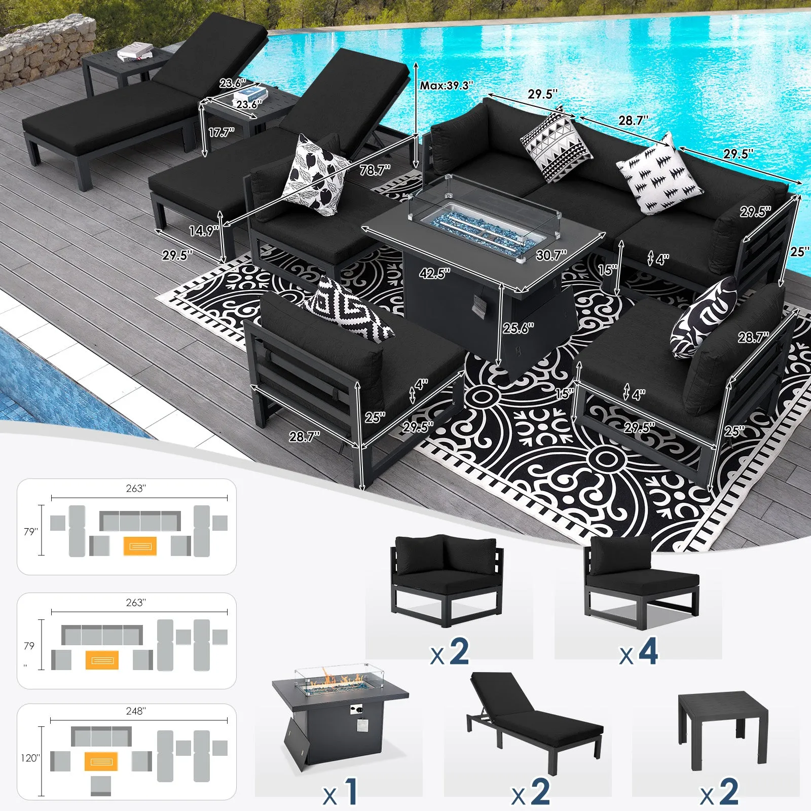NICESOUL Aluminum Patio Sofa with Fire Pit, Chaise Lounge, Table 8 Seater 11-Piece