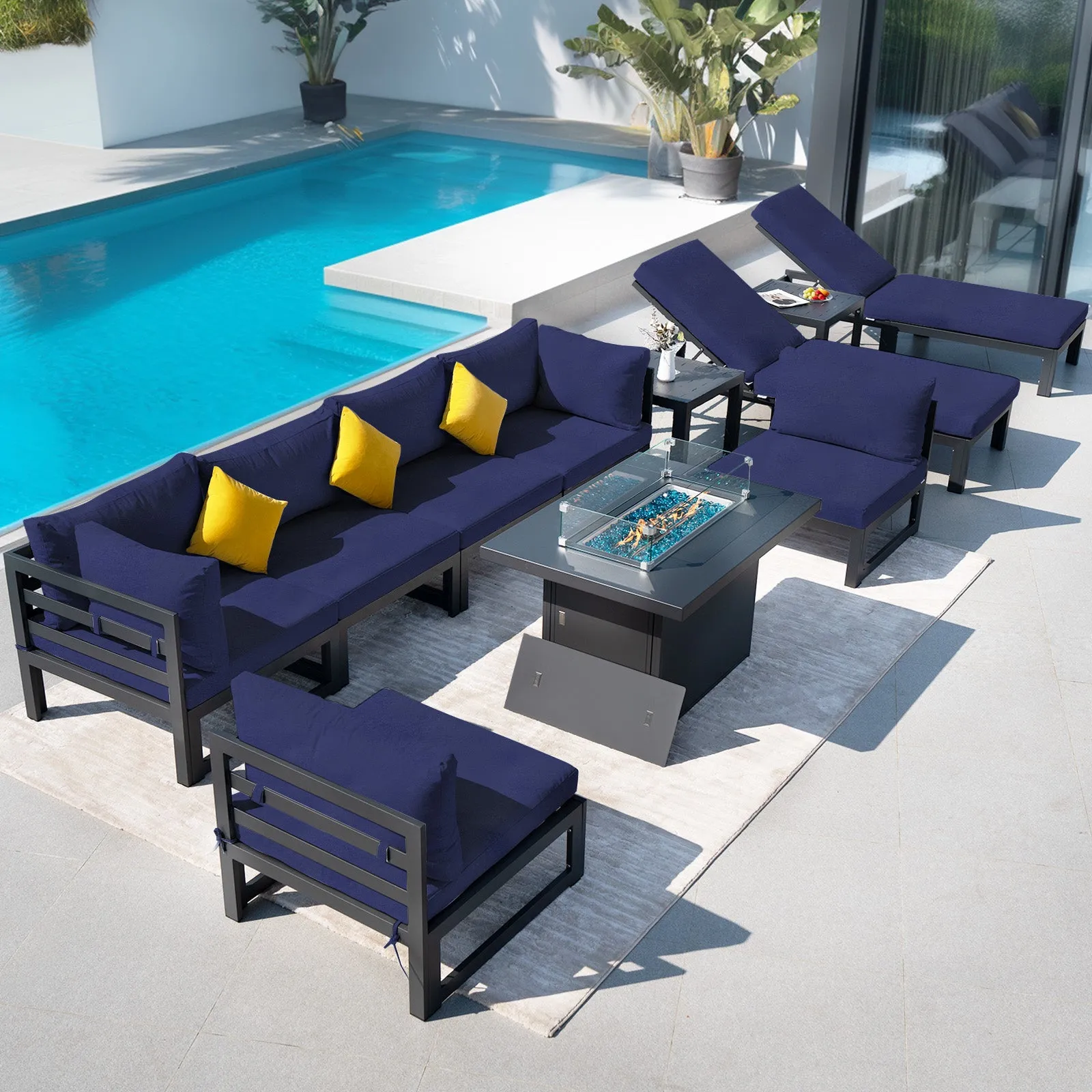 NICESOUL Aluminum Patio Sofa with Fire Pit, Chaise Lounge, Table 8 Seater 11-Piece