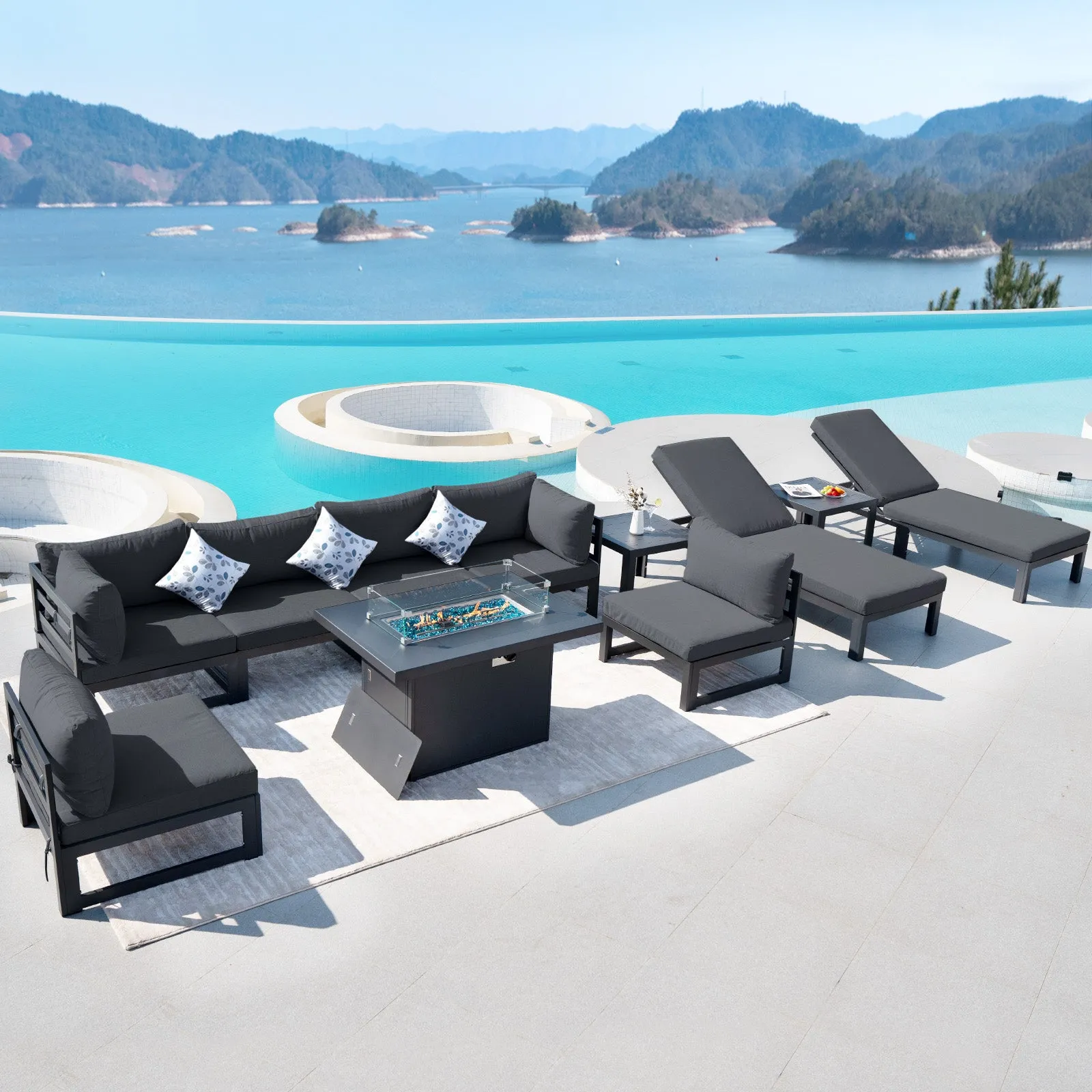 NICESOUL Aluminum Patio Sofa with Fire Pit, Chaise Lounge, Table 8 Seater 11-Piece