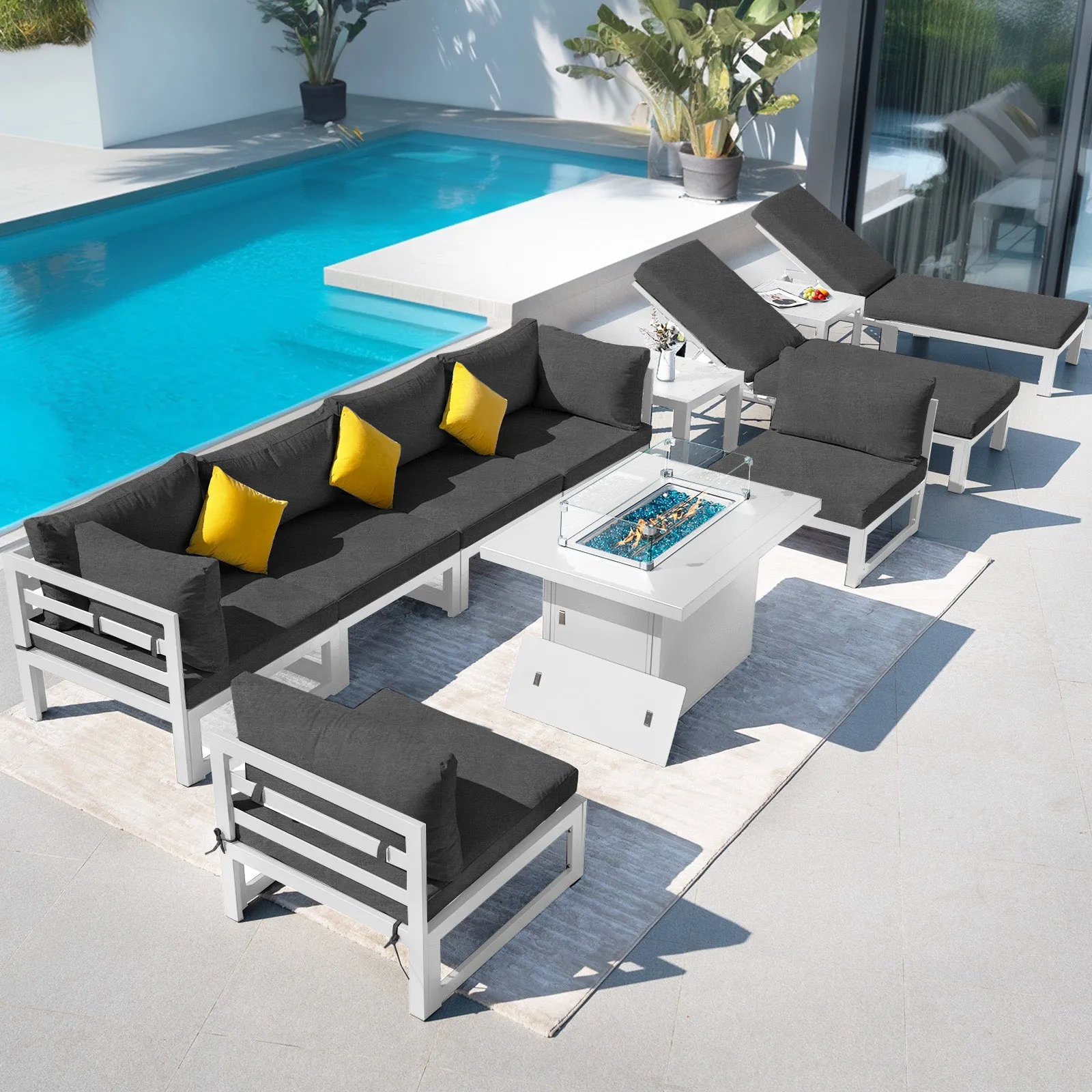 NICESOUL Aluminum Patio Sofa with Fire Pit, Chaise Lounge, Table 8 Seater 11-Piece