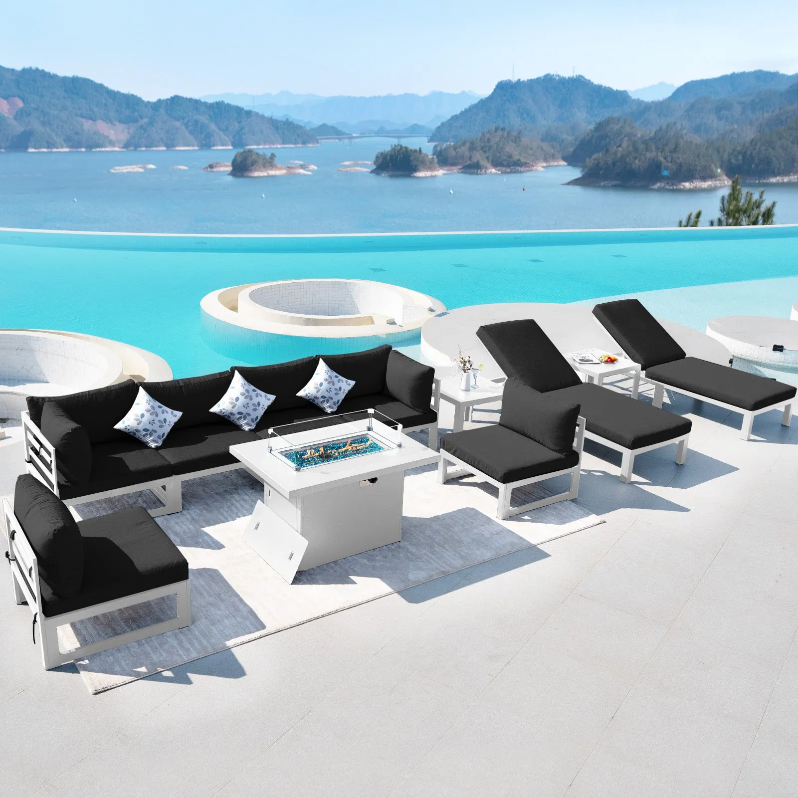 NICESOUL Aluminum Patio Sofa with Fire Pit, Chaise Lounge, Table 8 Seater 11-Piece