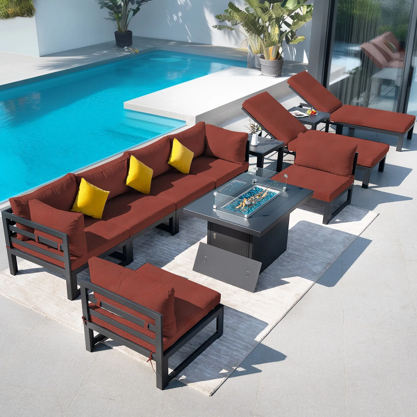 NICESOUL Aluminum Patio Sofa with Fire Pit, Chaise Lounge, Table 8 Seater 11-Piece