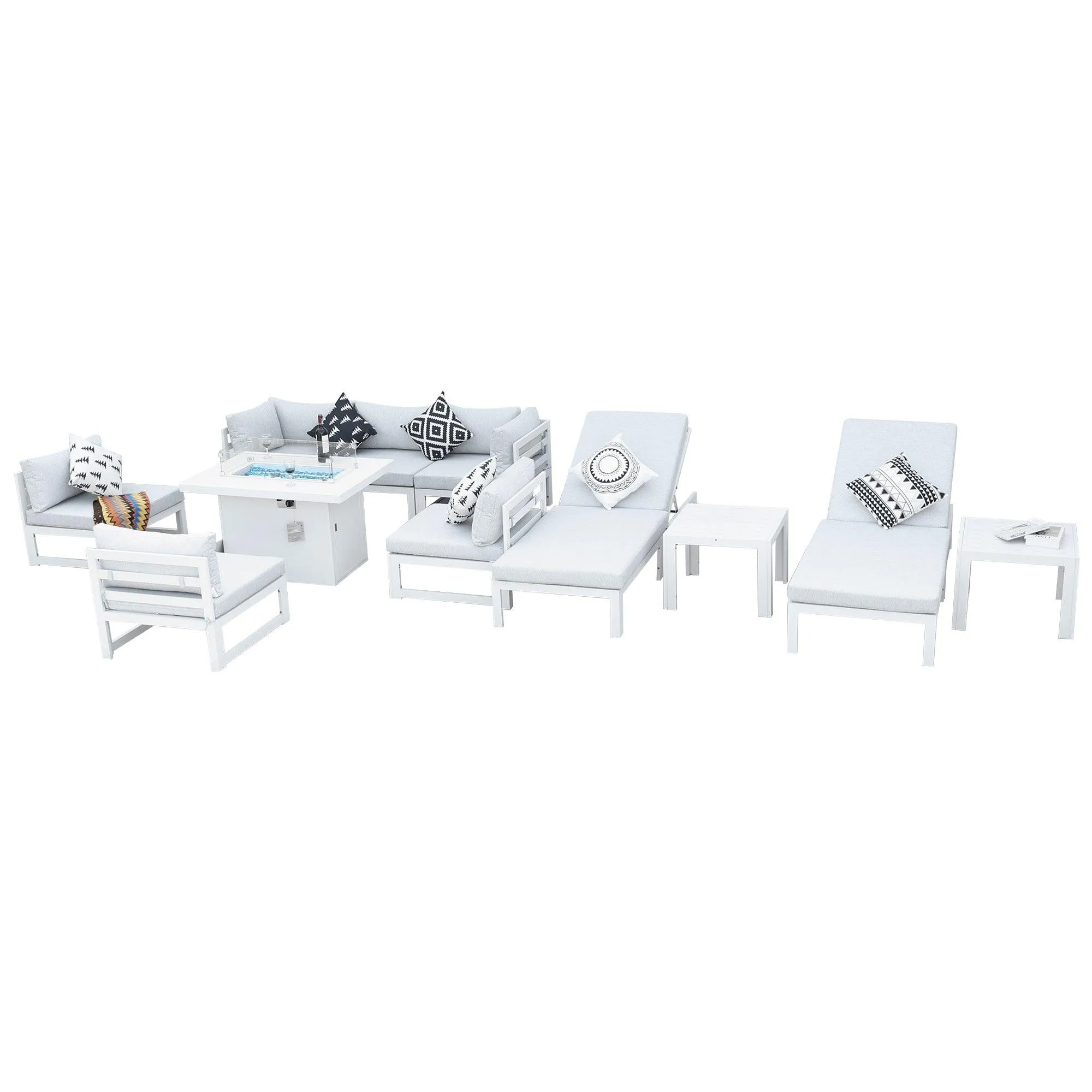 NICESOUL Aluminum Patio Sofa with Fire Pit, Chaise Lounge, Table 8 Seater 11-Piece