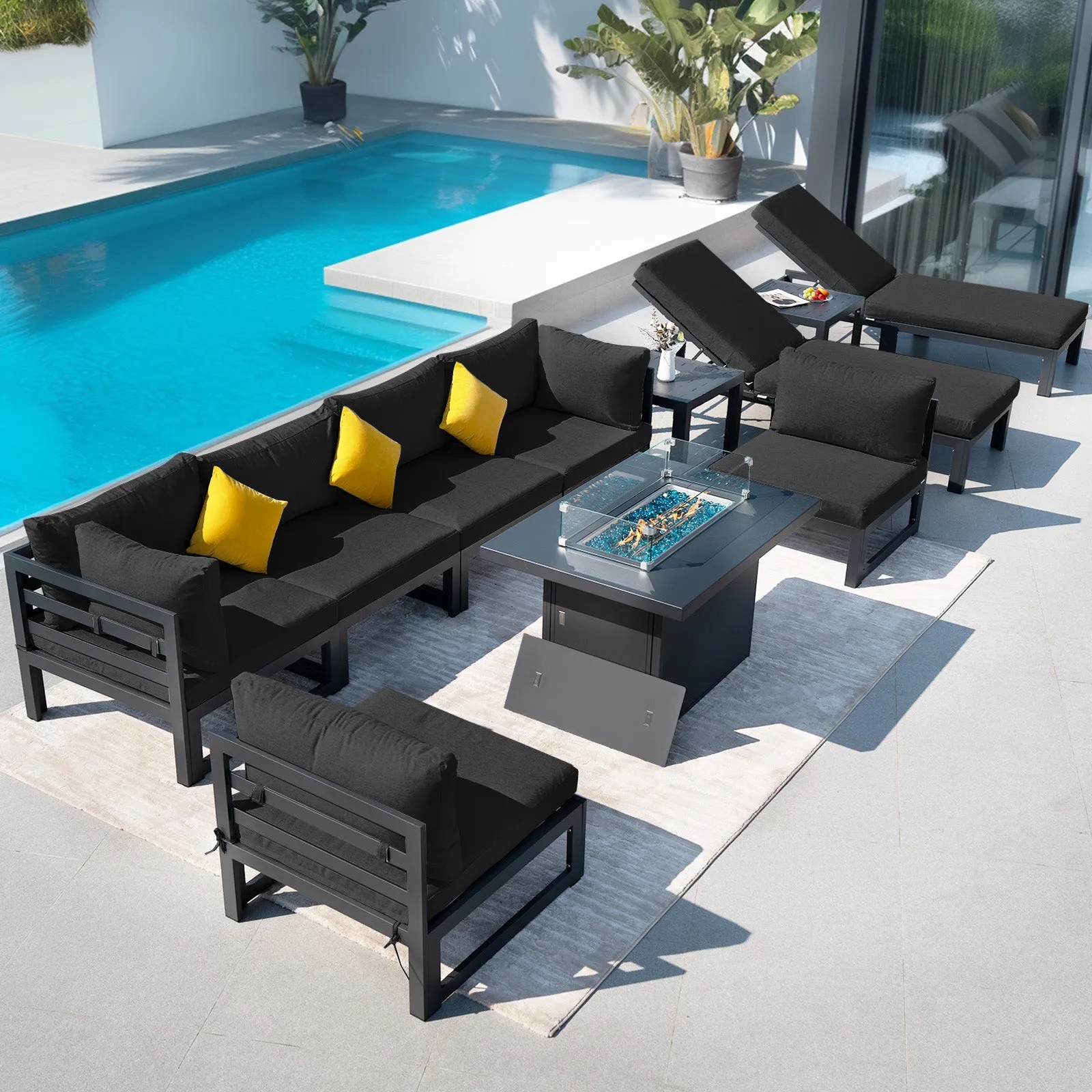 NICESOUL Aluminum Patio Sofa with Fire Pit, Chaise Lounge, Table 8 Seater 11-Piece