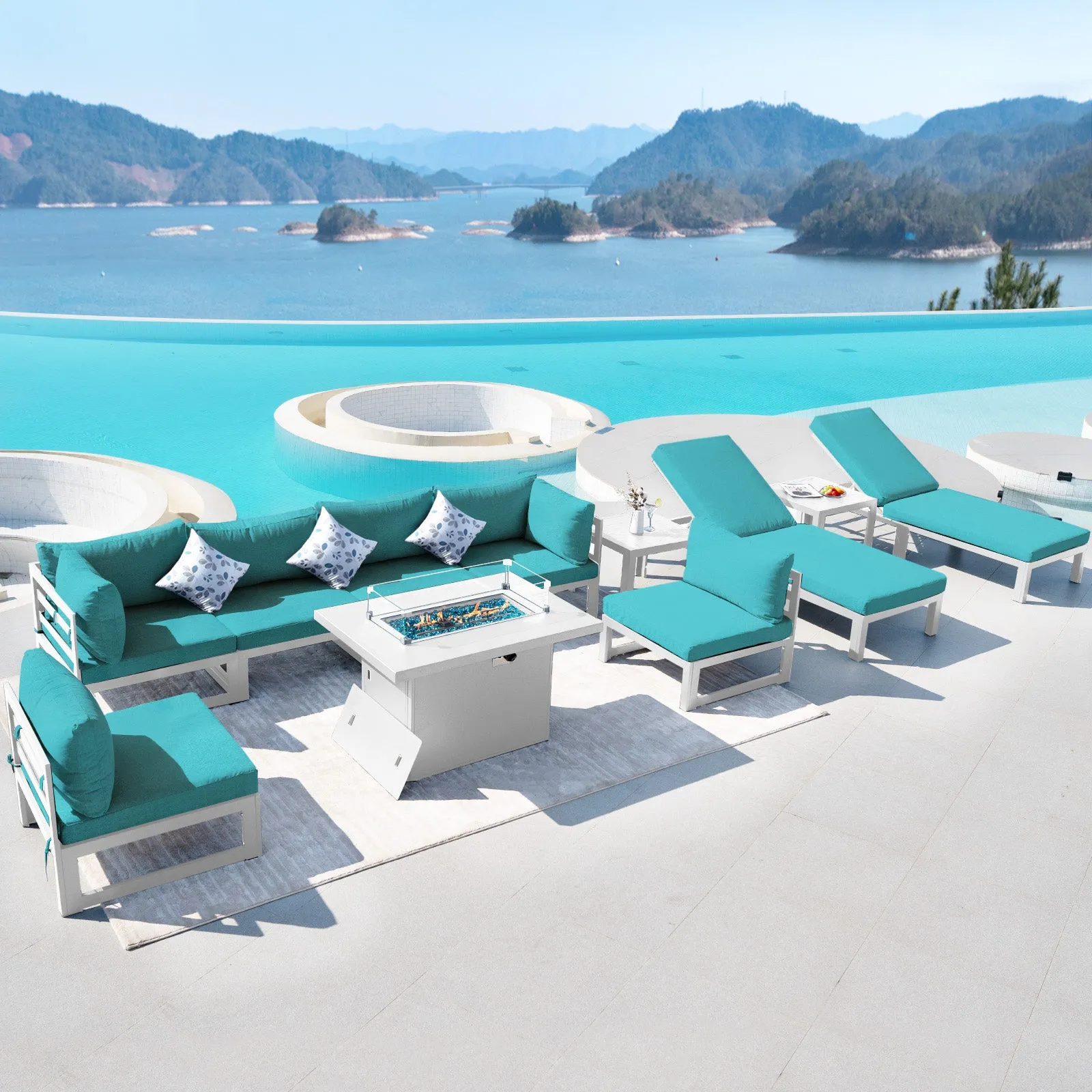 NICESOUL Aluminum Patio Sofa with Fire Pit, Chaise Lounge, Table 8 Seater 11-Piece