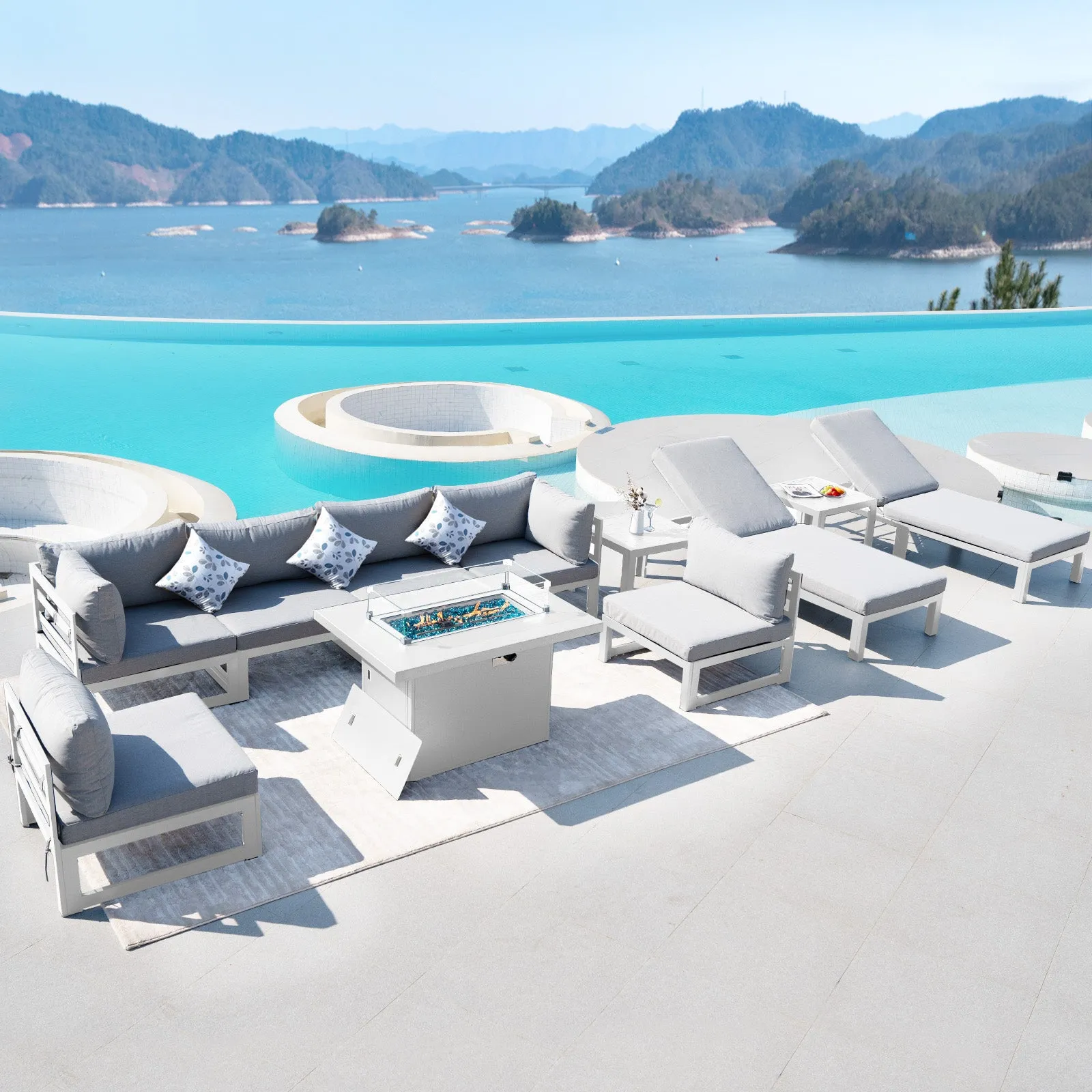 NICESOUL Aluminum Patio Sofa with Fire Pit, Chaise Lounge, Table 8 Seater 11-Piece