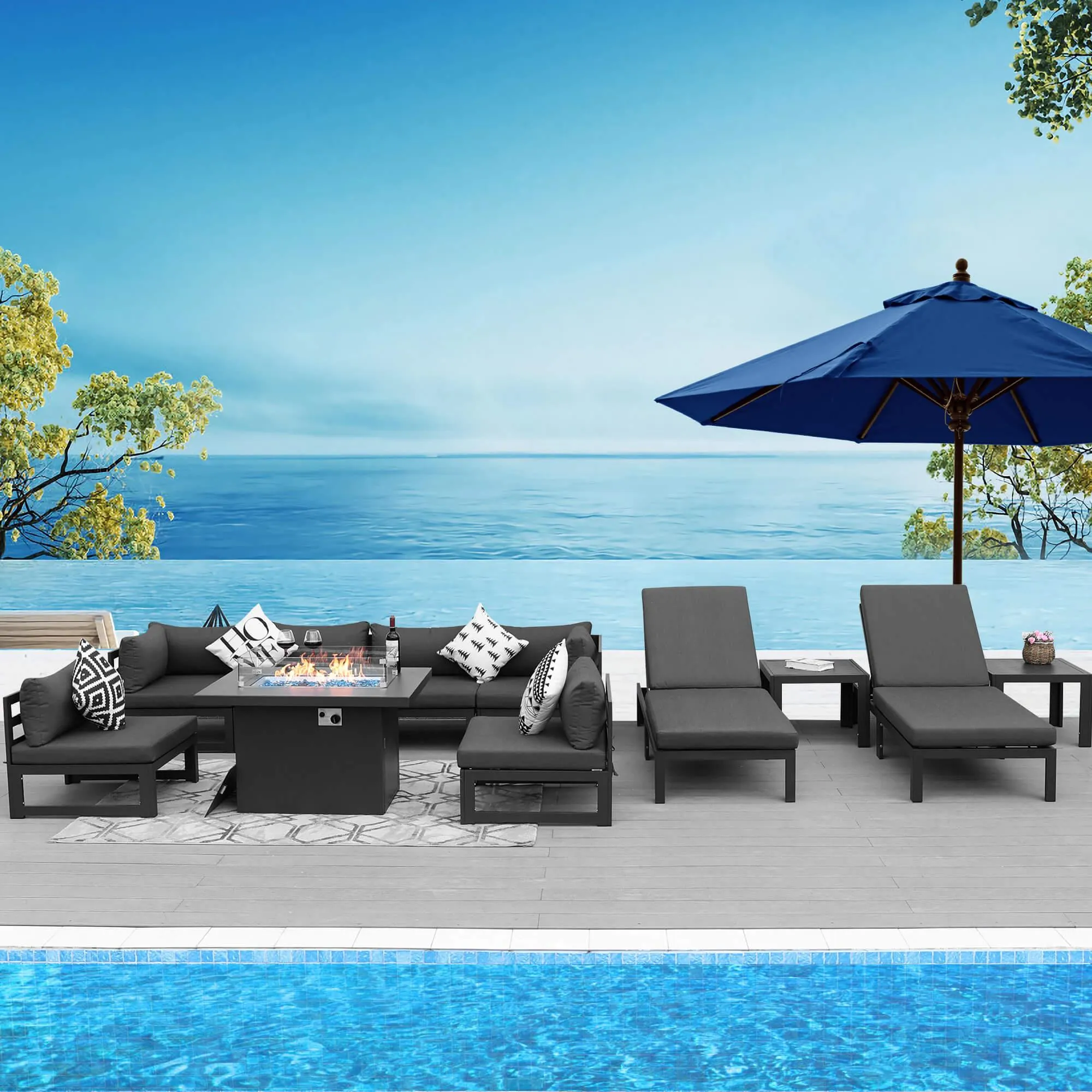 NICESOUL Aluminum Patio Sofa with Fire Pit, Chaise Lounge, Table 8 Seater 11-Piece