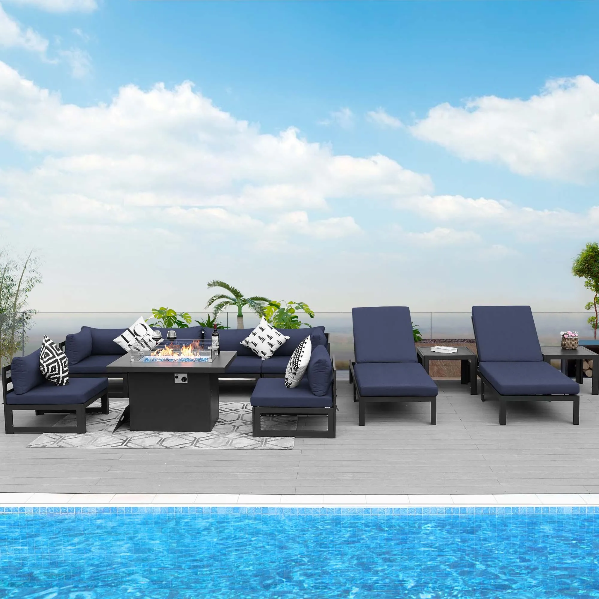 NICESOUL Aluminum Patio Sofa with Fire Pit, Chaise Lounge, Table 8 Seater 11-Piece