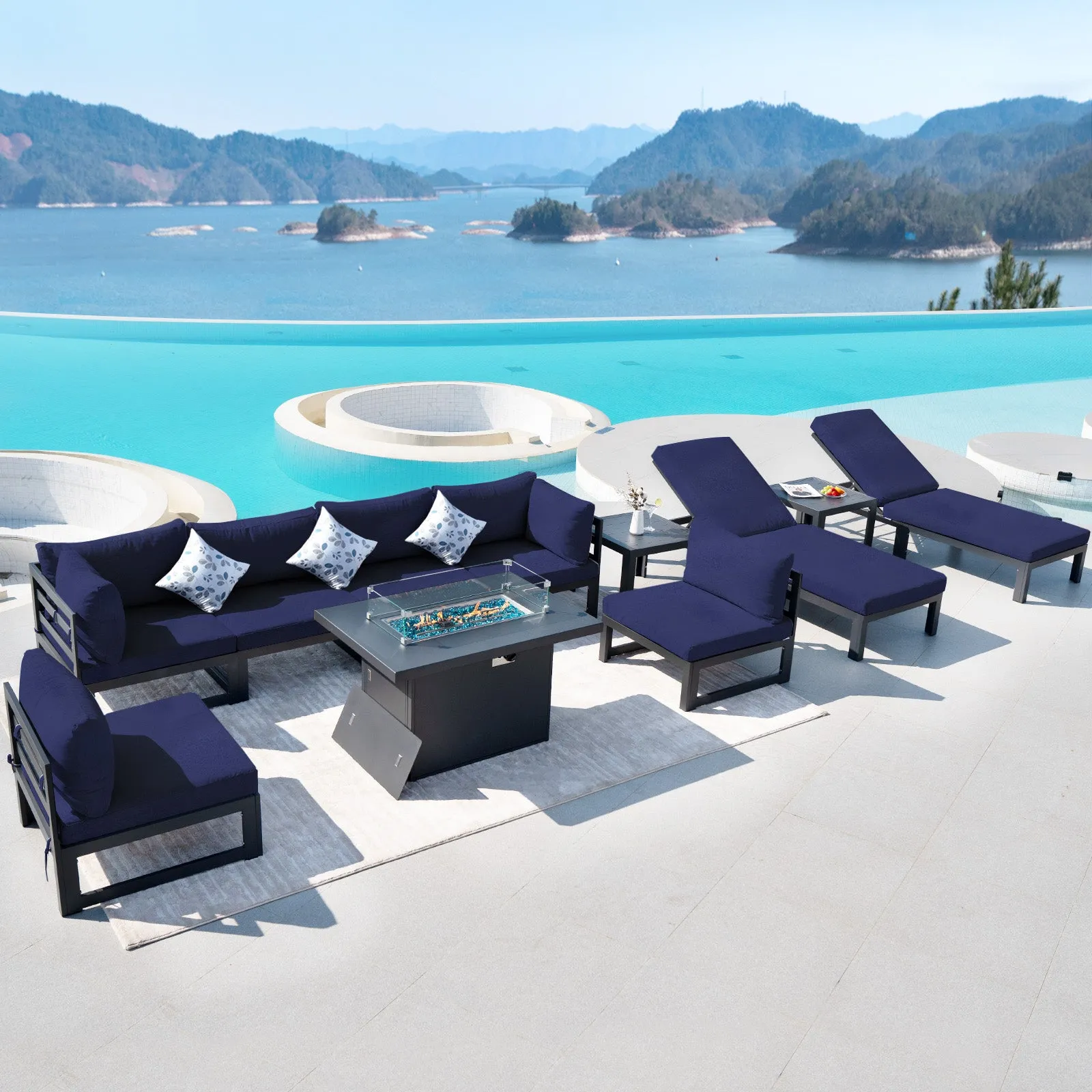 NICESOUL Aluminum Patio Sofa with Fire Pit, Chaise Lounge, Table 8 Seater 11-Piece