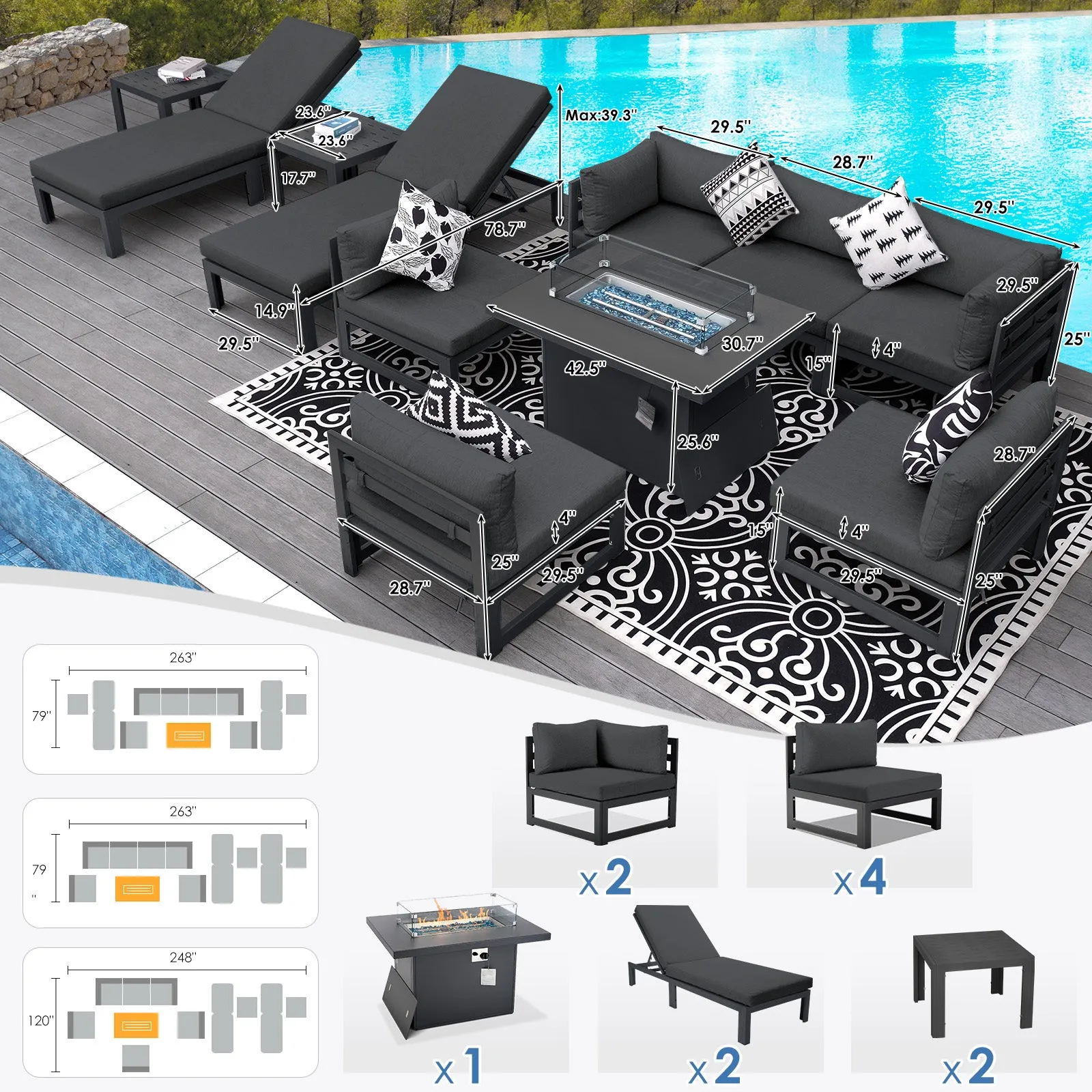 NICESOUL Aluminum Patio Sofa with Fire Pit, Chaise Lounge, Table 8 Seater 11-Piece