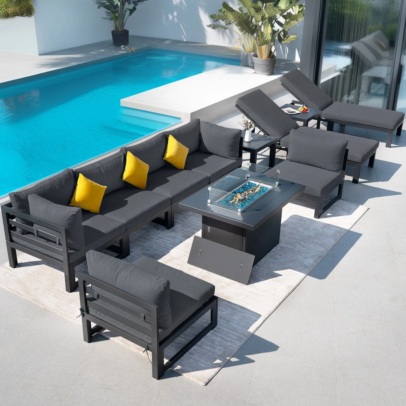 NICESOUL Aluminum Patio Sofa with Fire Pit, Chaise Lounge, Table 8 Seater 11-Piece