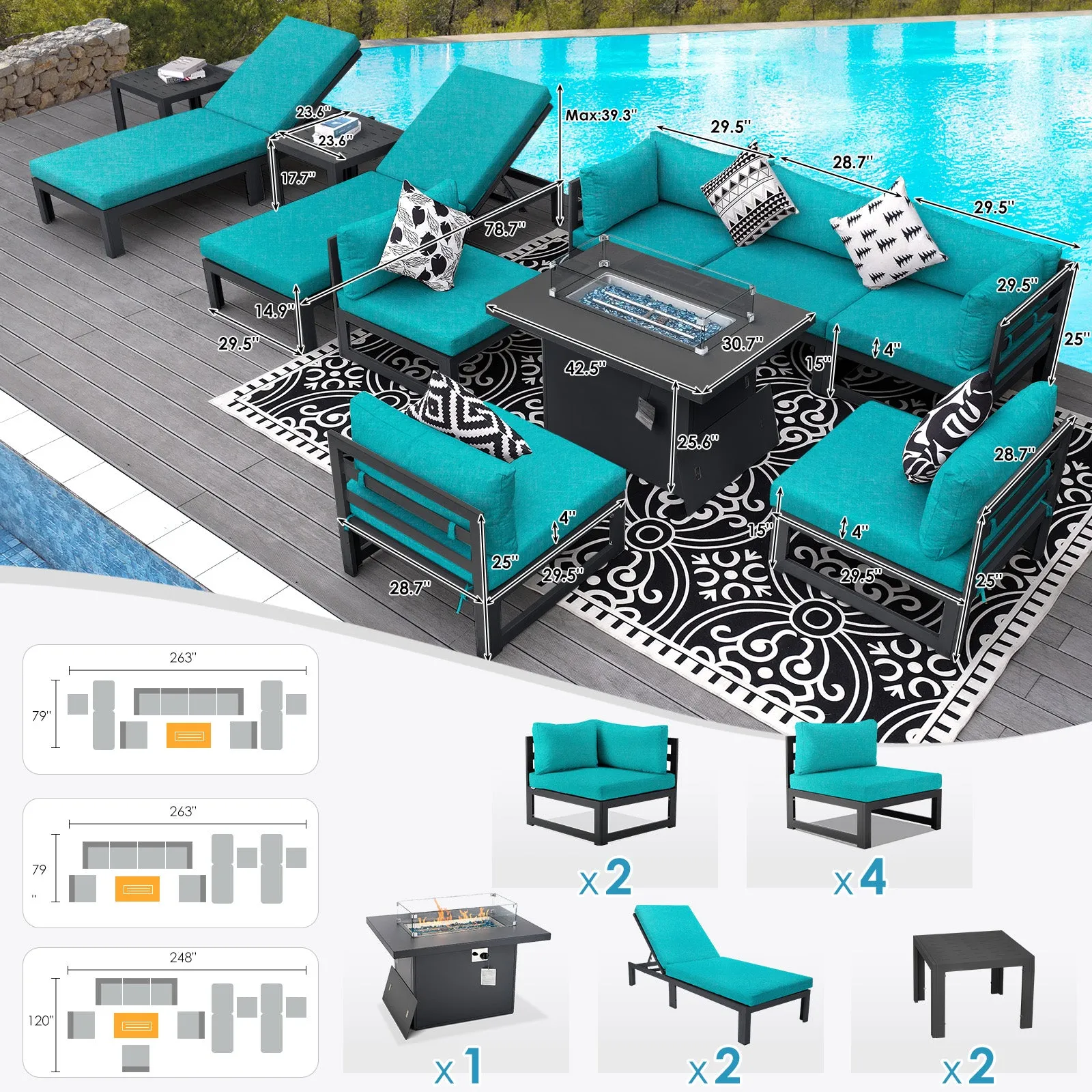 NICESOUL Aluminum Patio Sofa with Fire Pit, Chaise Lounge, Table 8 Seater 11-Piece