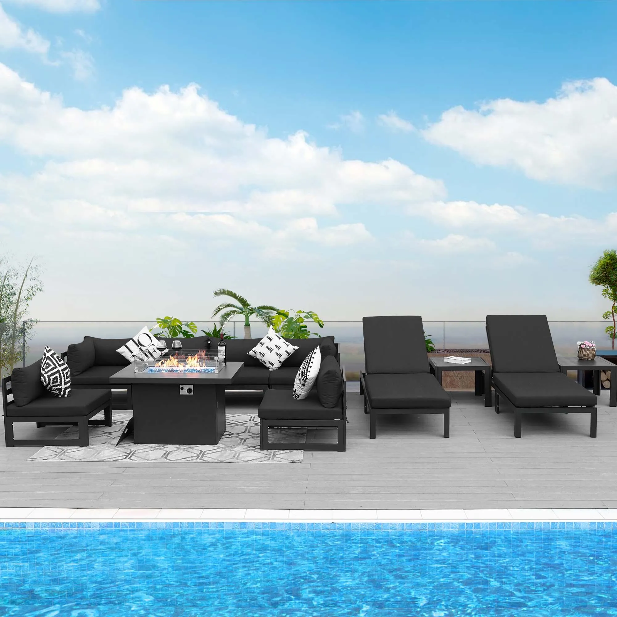 NICESOUL Aluminum Patio Sofa with Fire Pit, Chaise Lounge, Table 8 Seater 11-Piece