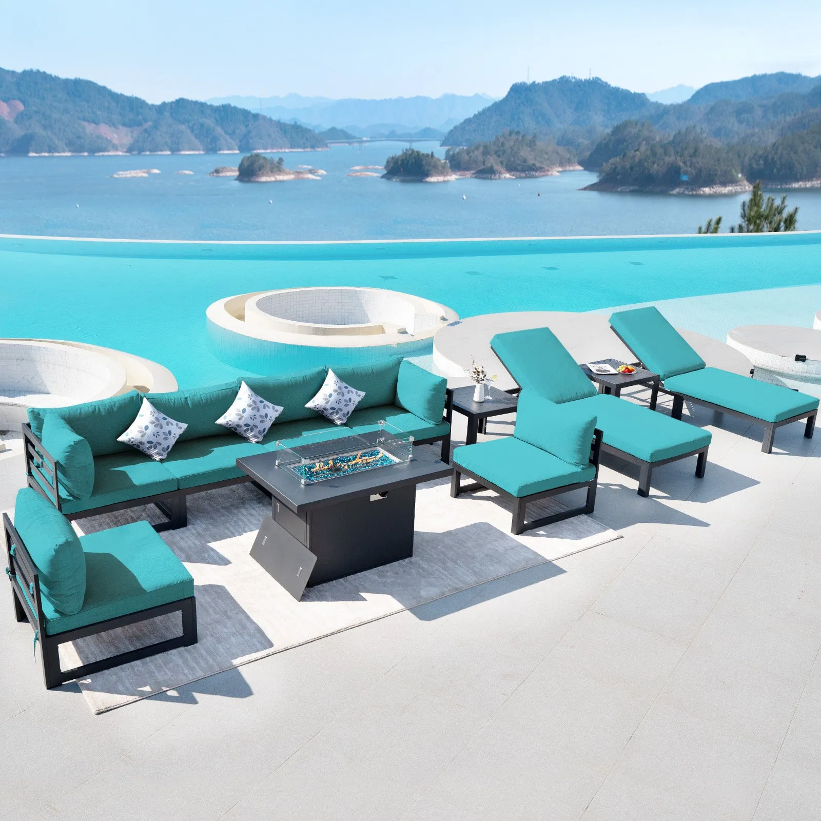 NICESOUL Aluminum Patio Sofa with Fire Pit, Chaise Lounge, Table 8 Seater 11-Piece