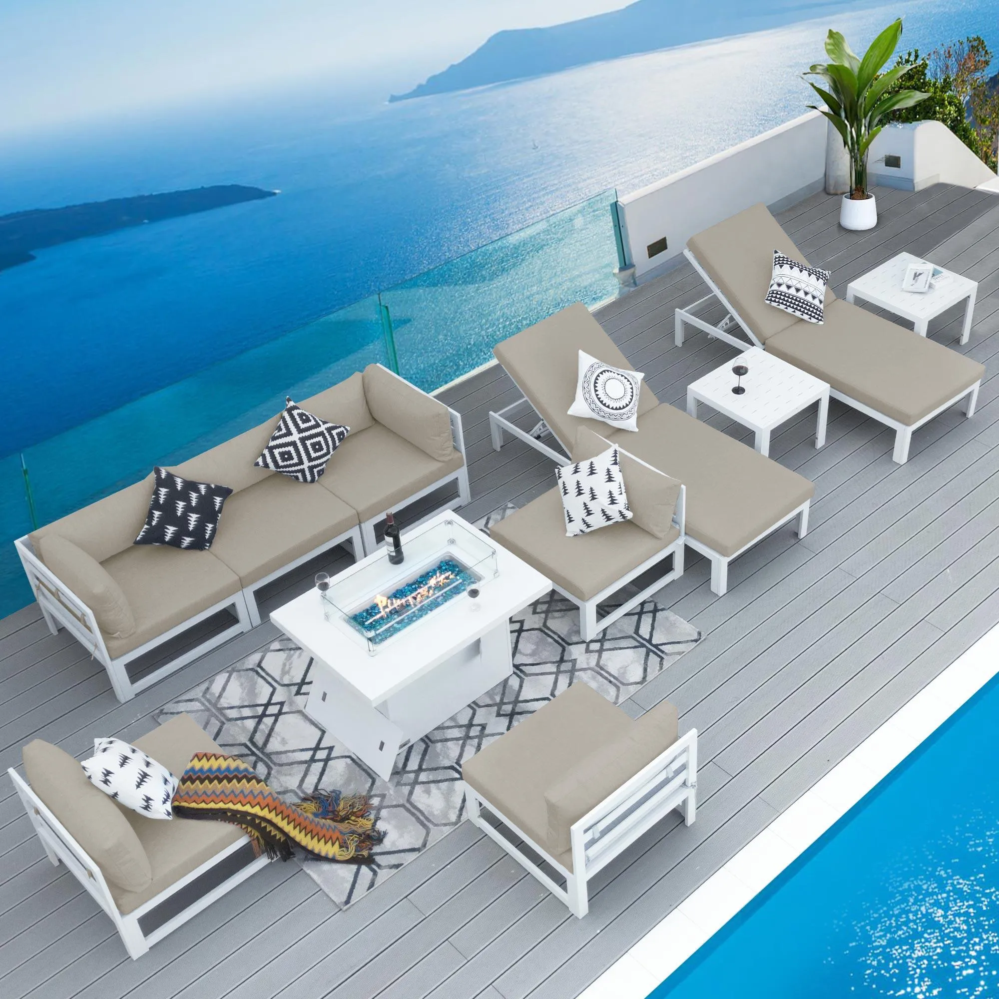 NICESOUL Aluminum Patio Sofa with Fire Pit, Chaise Lounge, Table 8 Seater 11-Piece