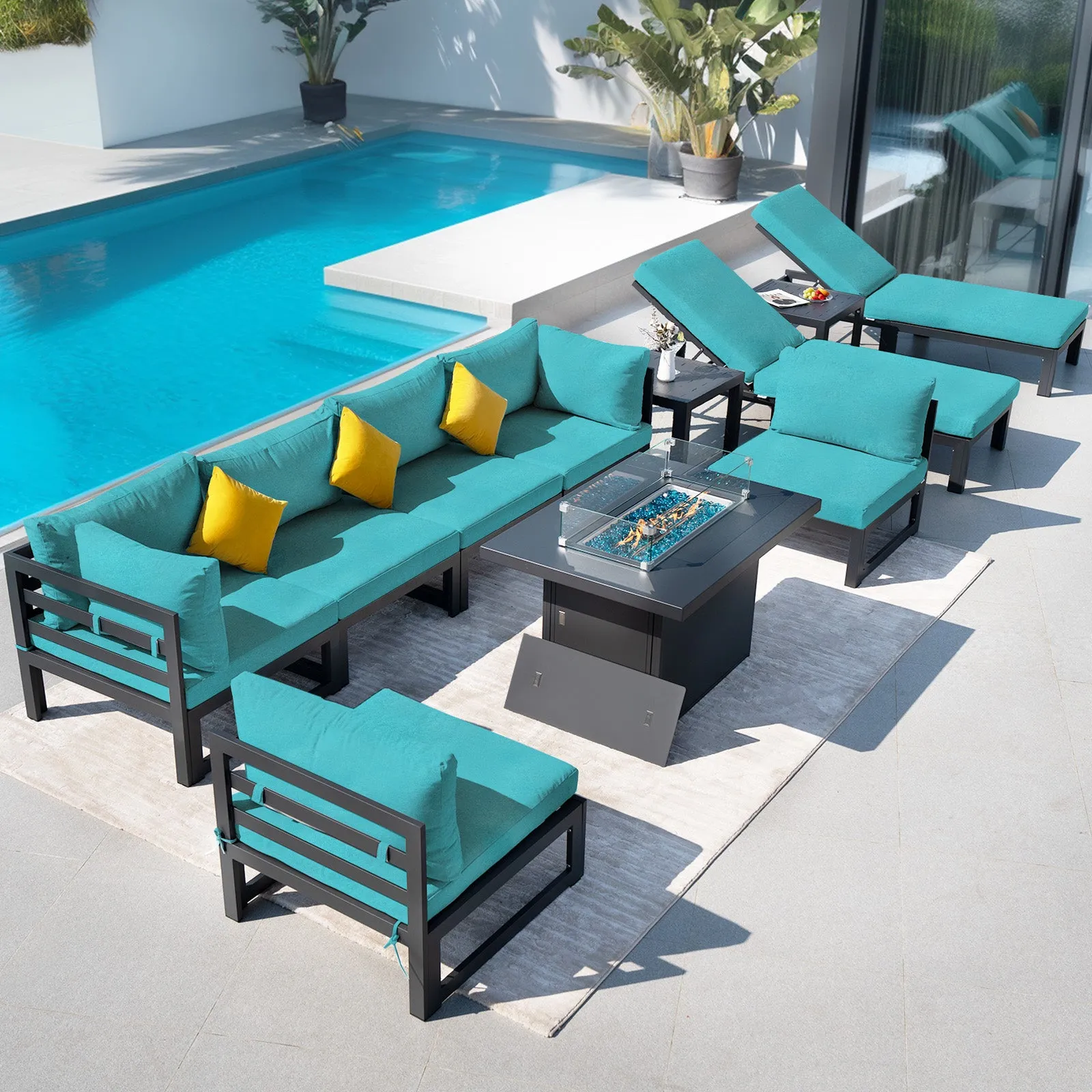 NICESOUL Aluminum Patio Sofa with Fire Pit, Chaise Lounge, Table 8 Seater 11-Piece
