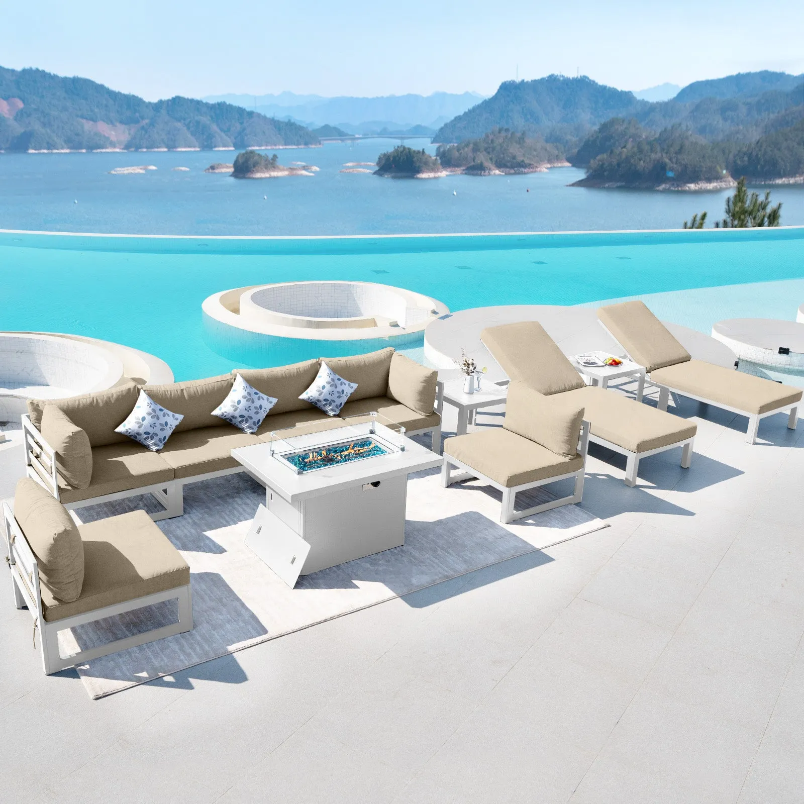 NICESOUL Aluminum Patio Sofa with Fire Pit, Chaise Lounge, Table 8 Seater 11-Piece