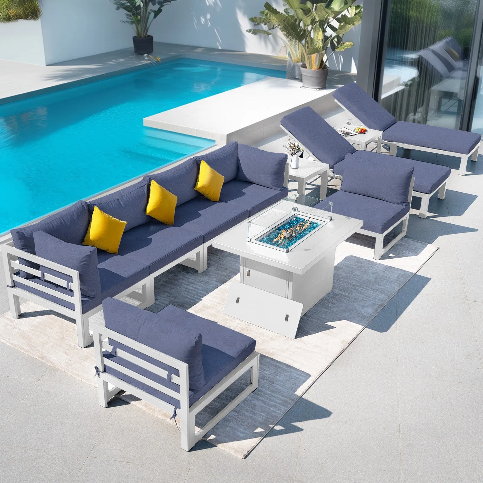 NICESOUL Aluminum Patio Sofa with Fire Pit, Chaise Lounge, Table 8 Seater 11-Piece