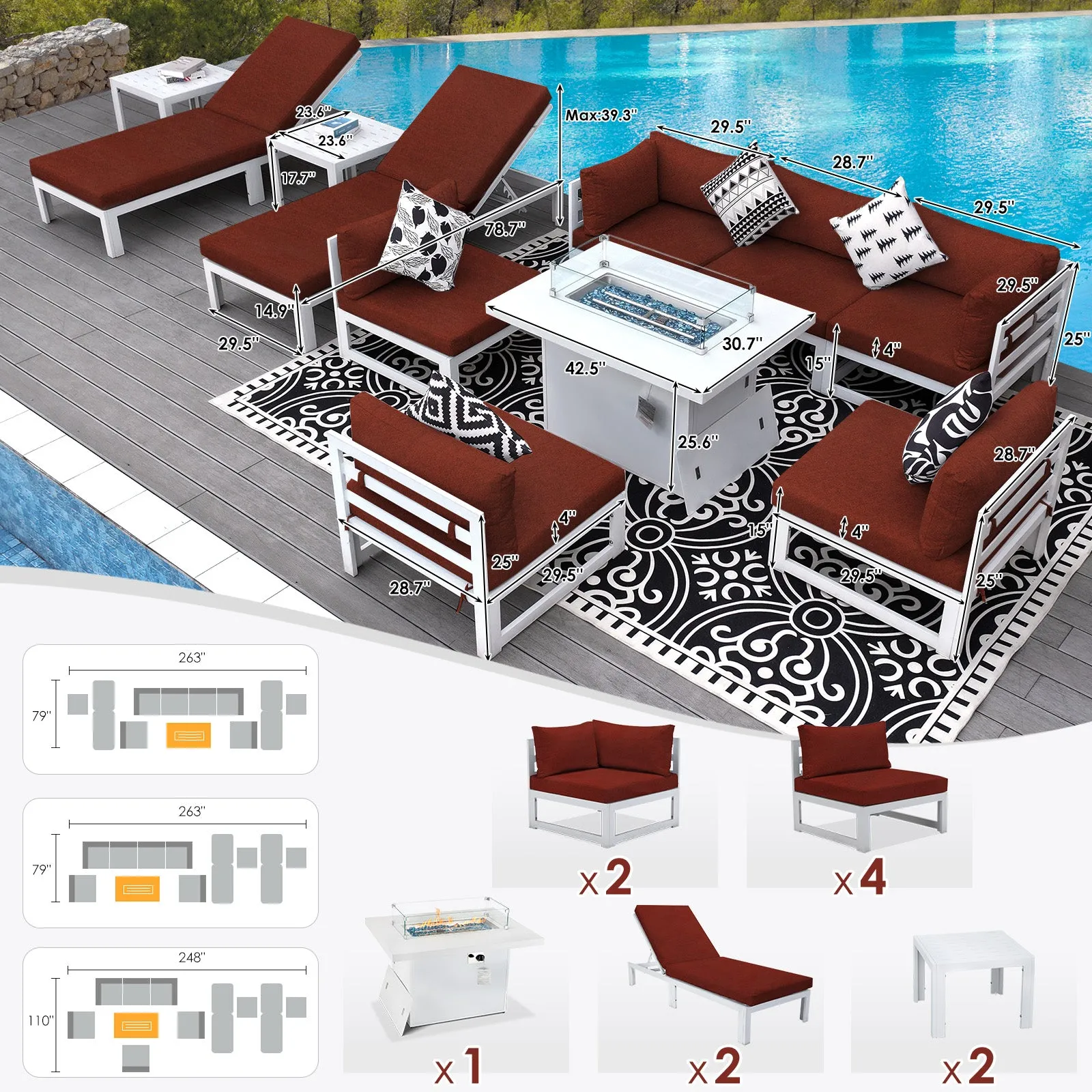 NICESOUL Aluminum Patio Sofa with Fire Pit, Chaise Lounge, Table 8 Seater 11-Piece