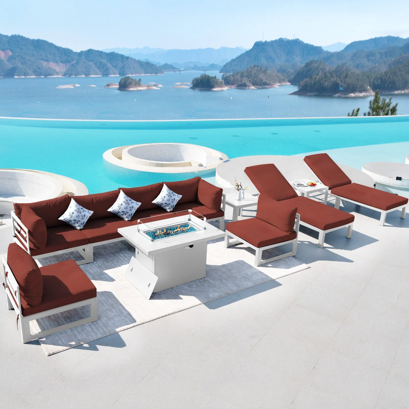 NICESOUL Aluminum Patio Sofa with Fire Pit, Chaise Lounge, Table 8 Seater 11-Piece