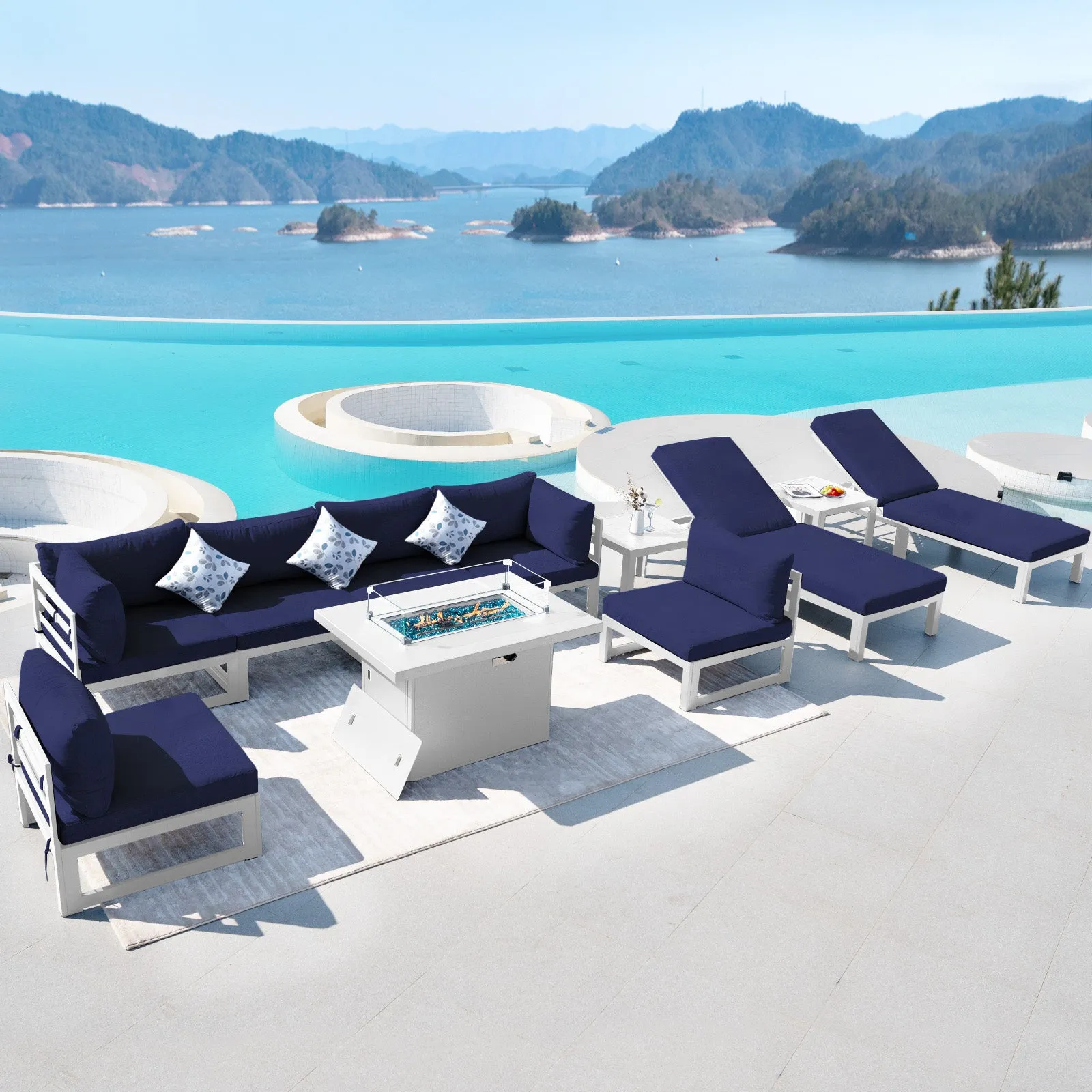 NICESOUL Aluminum Patio Sofa with Fire Pit, Chaise Lounge, Table 8 Seater 11-Piece