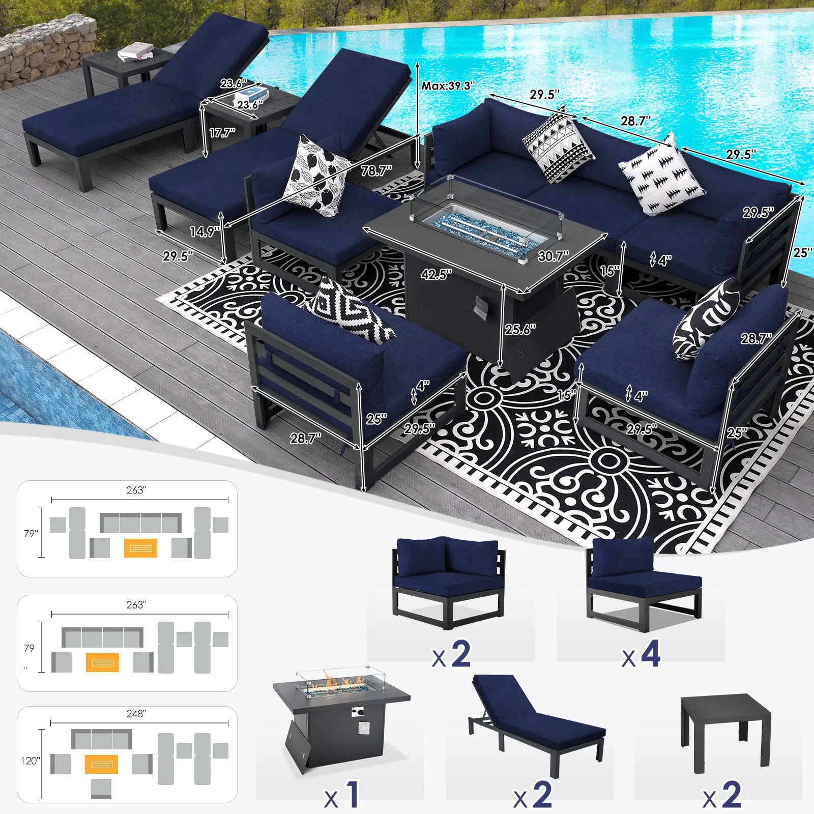 NICESOUL Aluminum Patio Sofa with Fire Pit, Chaise Lounge, Table 8 Seater 11-Piece