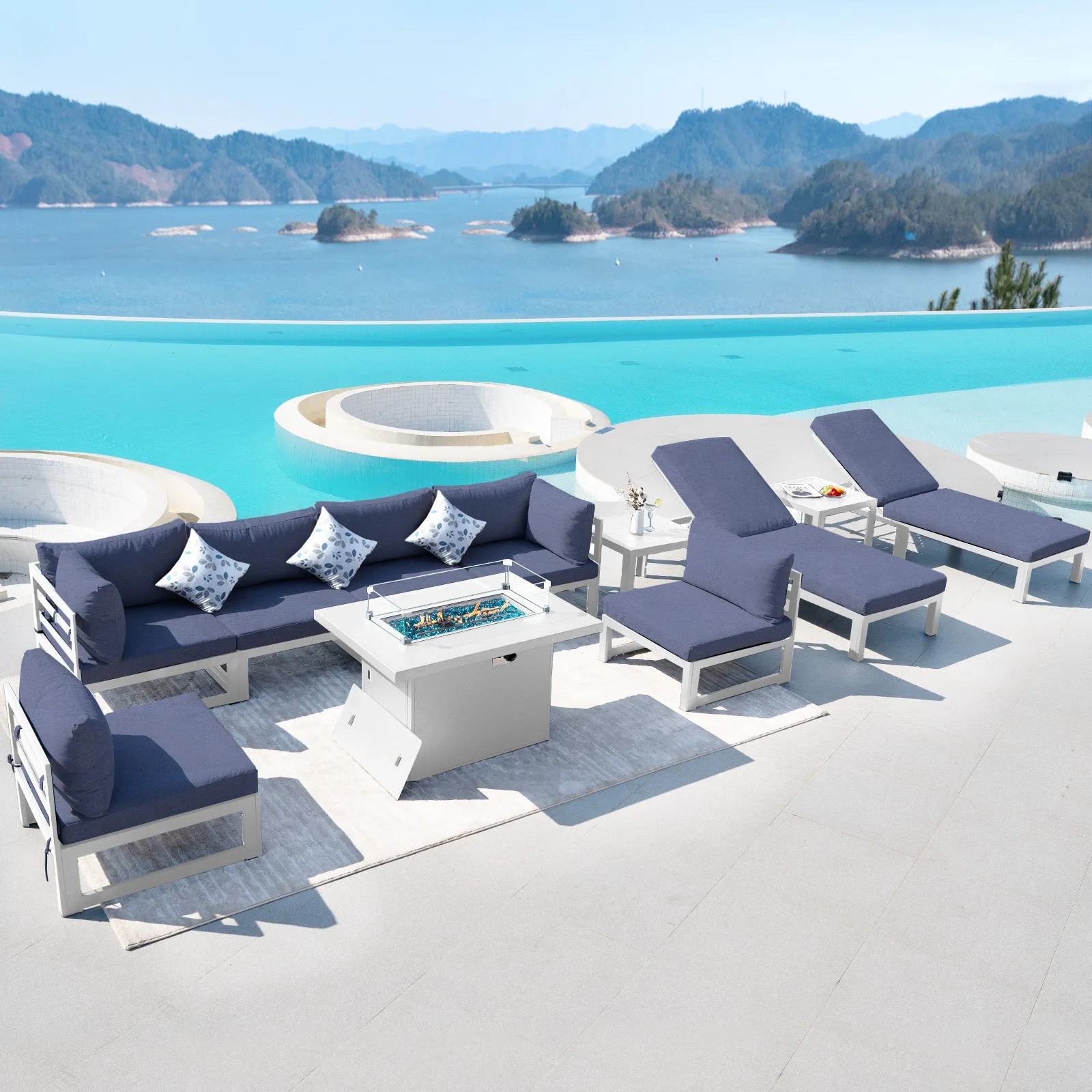 NICESOUL Aluminum Patio Sofa with Fire Pit, Chaise Lounge, Table 8 Seater 11-Piece