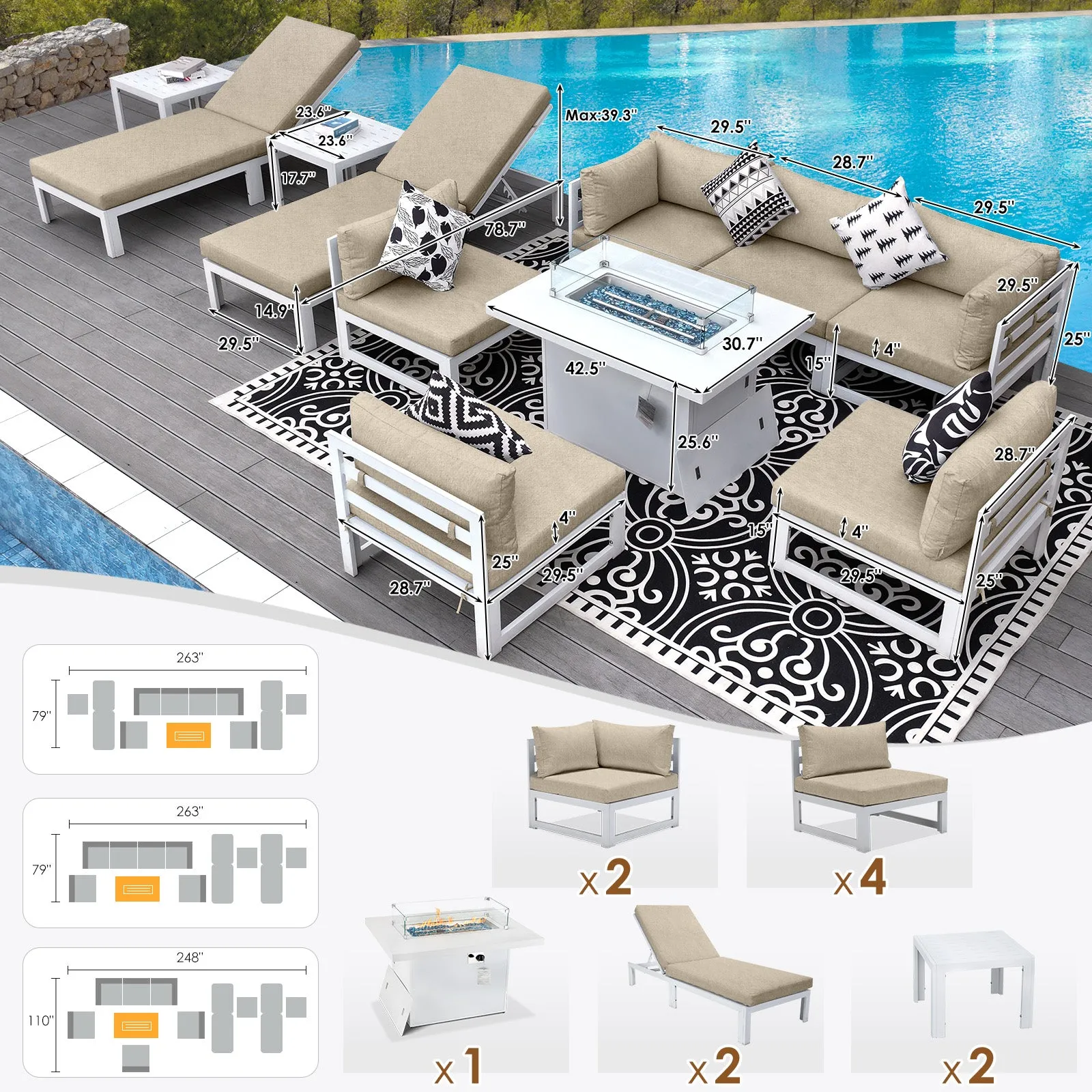 NICESOUL Aluminum Patio Sofa with Fire Pit, Chaise Lounge, Table 8 Seater 11-Piece
