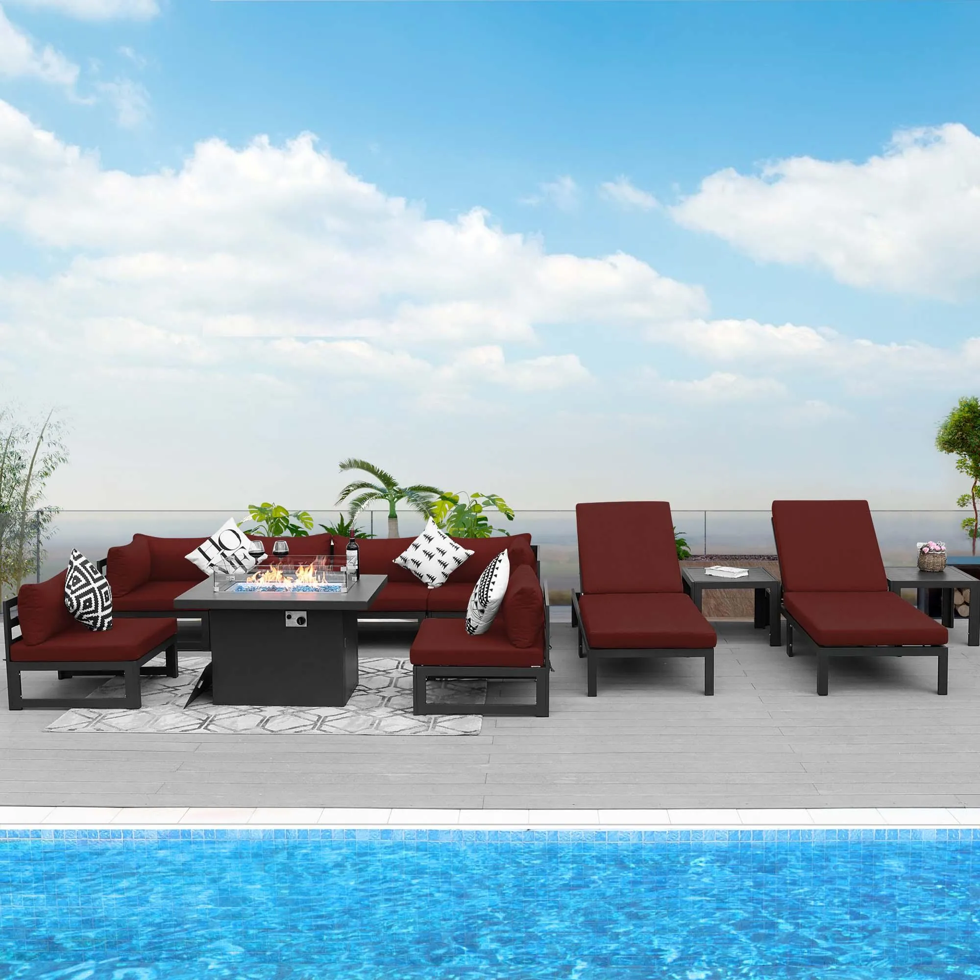 NICESOUL Aluminum Patio Sofa with Fire Pit, Chaise Lounge, Table 8 Seater 11-Piece