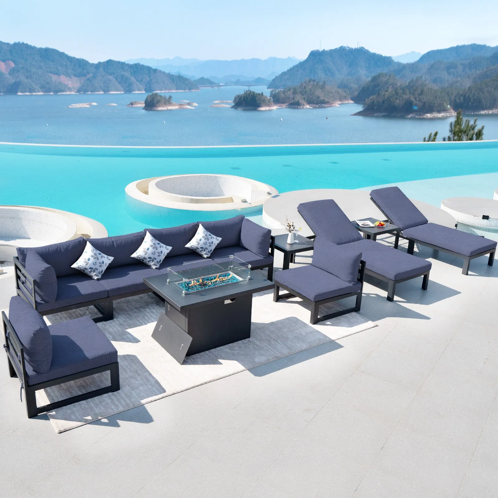 NICESOUL Aluminum Patio Sofa with Fire Pit, Chaise Lounge, Table 8 Seater 11-Piece