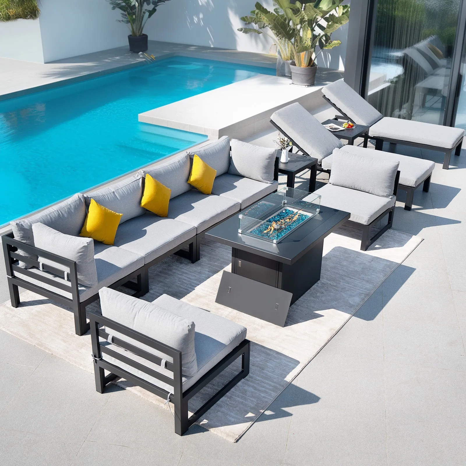 NICESOUL Aluminum Patio Sofa with Fire Pit, Chaise Lounge, Table 8 Seater 11-Piece