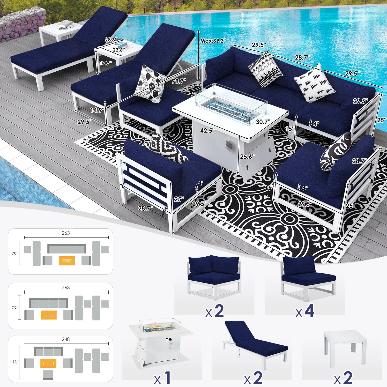 NICESOUL Aluminum Patio Sofa with Fire Pit, Chaise Lounge, Table 8 Seater 11-Piece