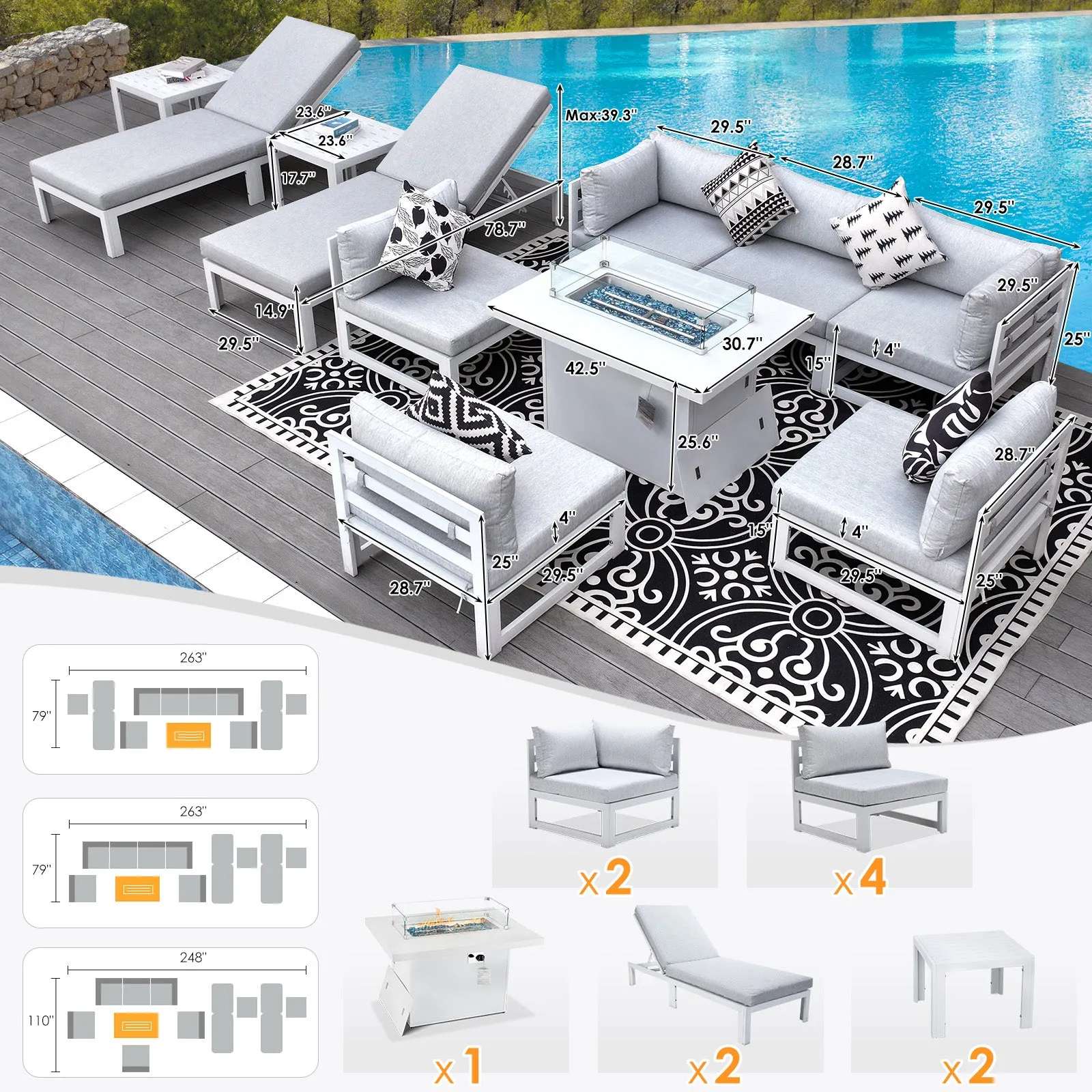 NICESOUL Aluminum Patio Sofa with Fire Pit, Chaise Lounge, Table 8 Seater 11-Piece