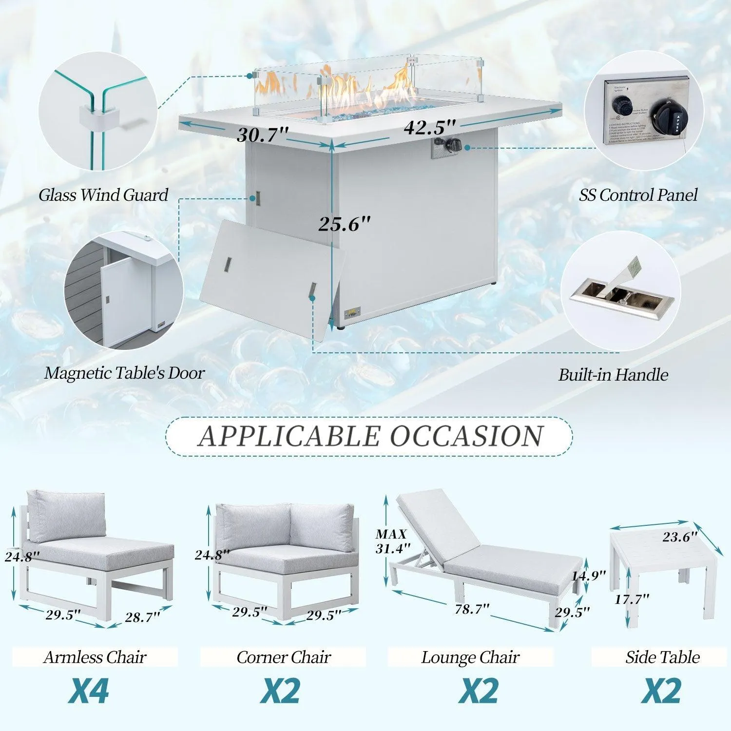 NICESOUL Aluminum Patio Sofa with Fire Pit, Chaise Lounge, Table 8 Seater 11-Piece