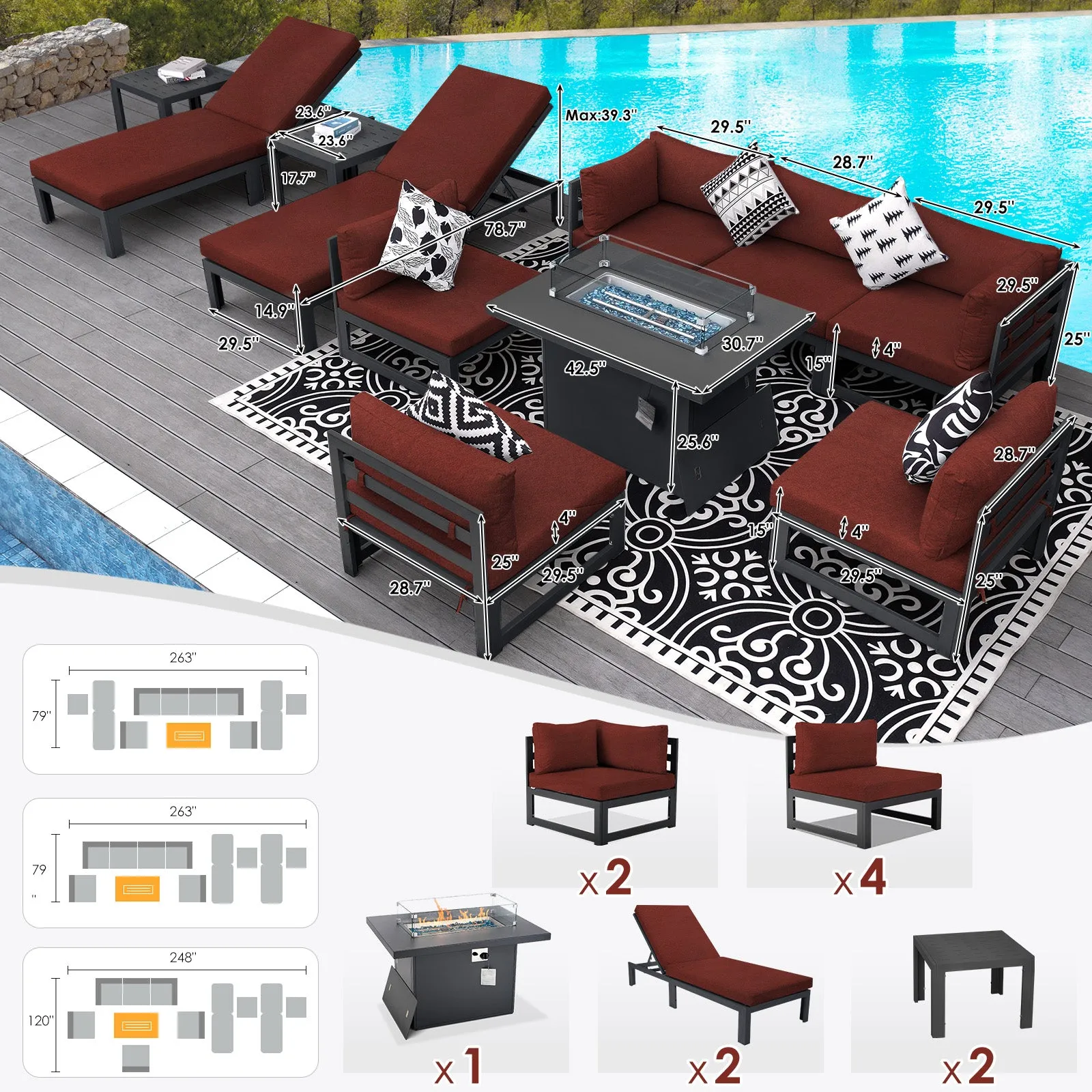 NICESOUL Aluminum Patio Sofa with Fire Pit, Chaise Lounge, Table 8 Seater 11-Piece