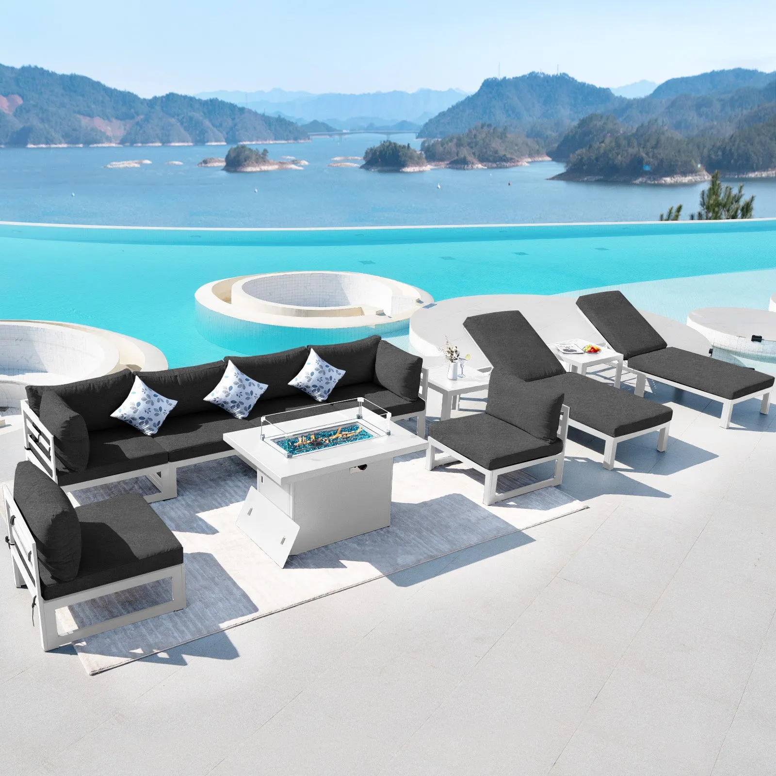 NICESOUL Aluminum Patio Sofa with Fire Pit, Chaise Lounge, Table 8 Seater 11-Piece