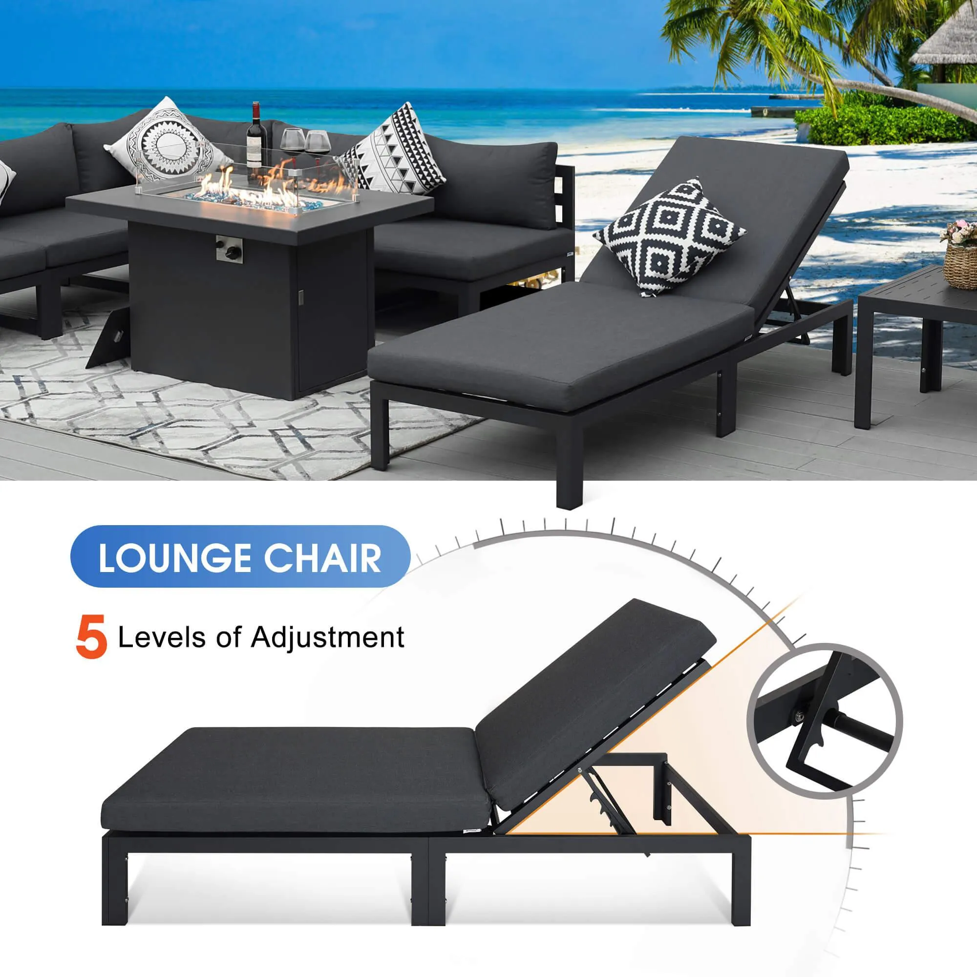 NICESOUL Aluminum Patio Sofa with Fire Pit, Chaise Lounge, Table 8 Seater 11-Piece