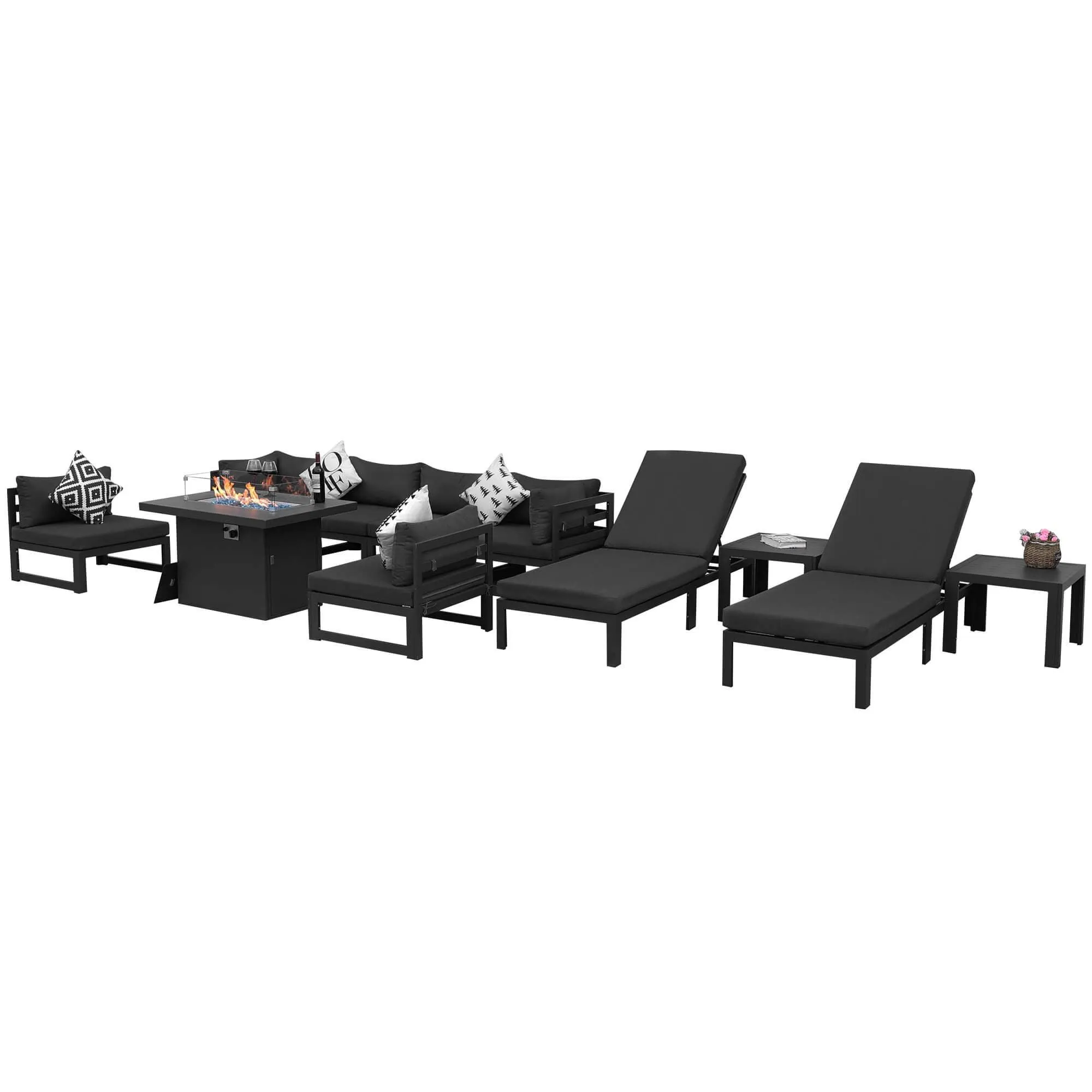NICESOUL Aluminum Patio Sofa with Fire Pit, Chaise Lounge, Table 8 Seater 11-Piece